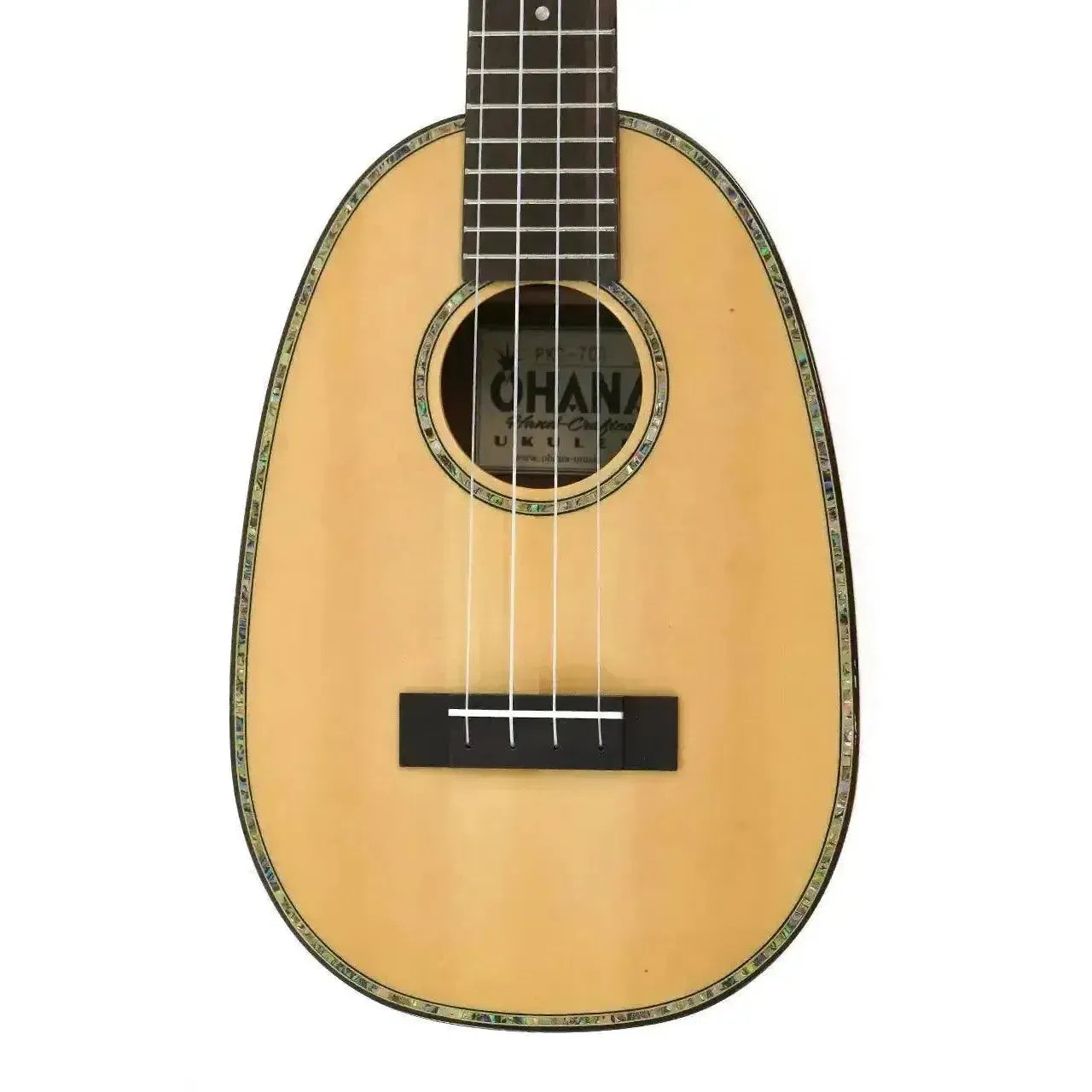 Ohana PK-70G pineapple soprano ukulele with a solid spruce top, abalone rosette, and glossy finish.