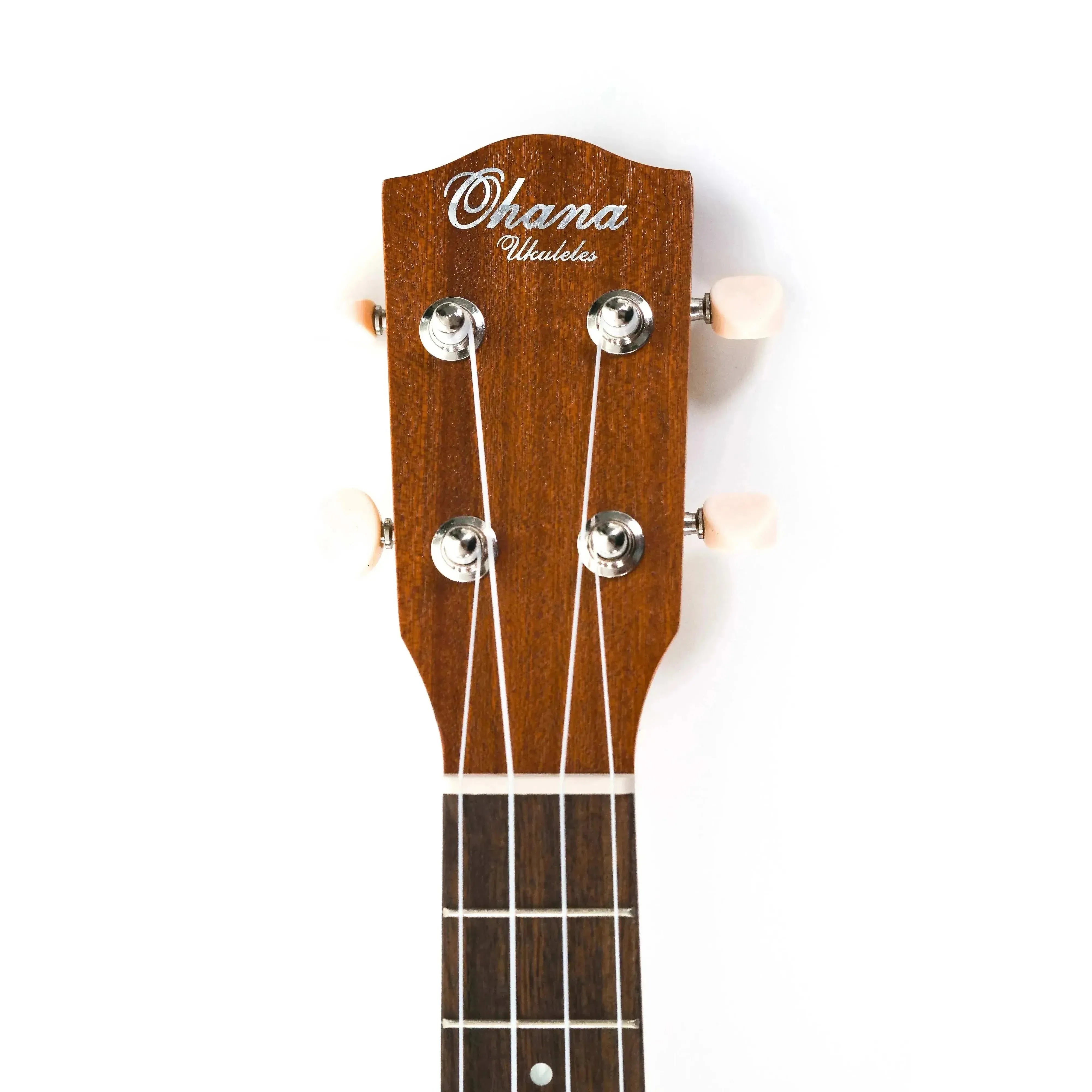 Ohana Ukuleles mahogany headstock with white tuning pegs and strings.