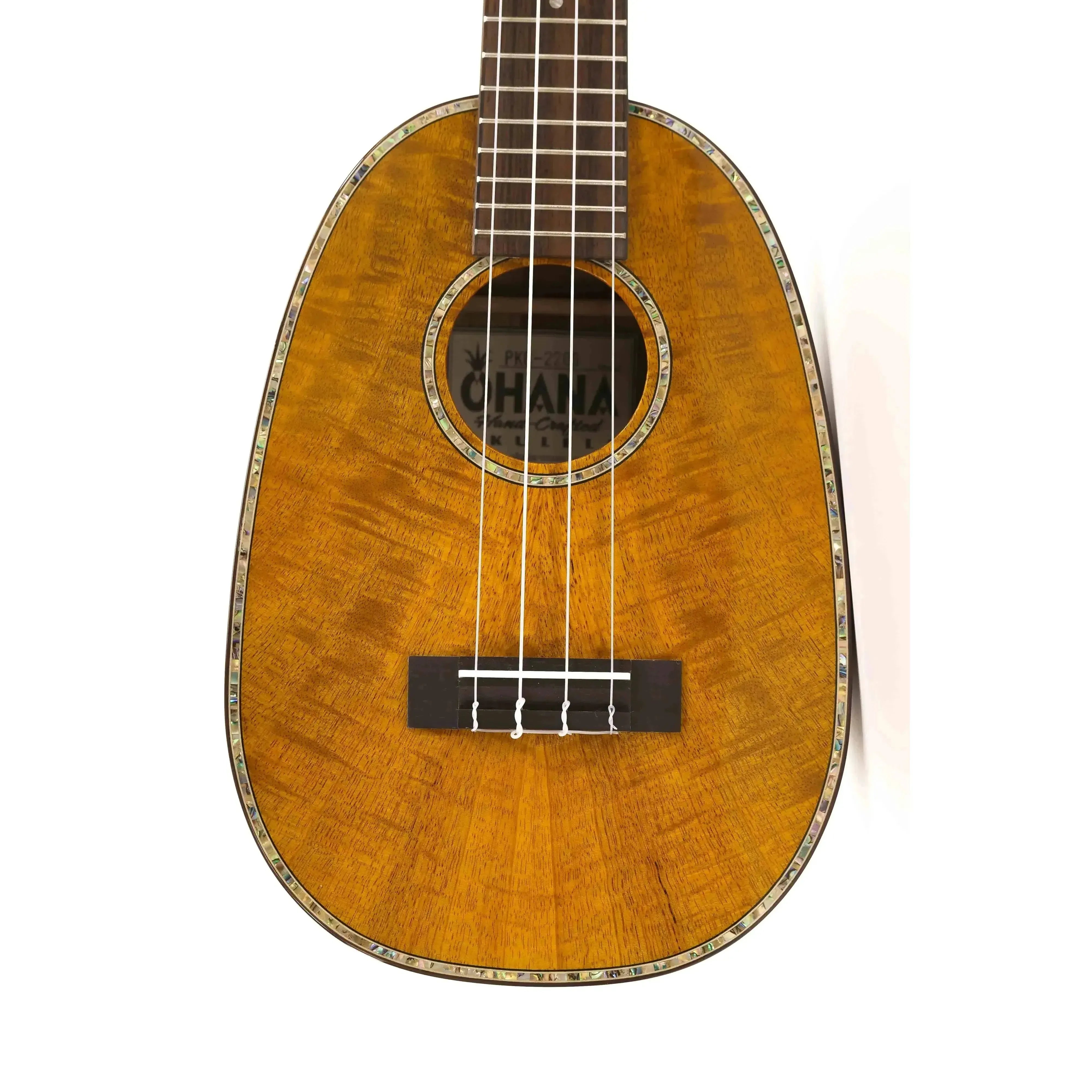 Ohana PKC-220G solid mango pineapple concert ukulele with glossy finish and abalone inlay rosette.