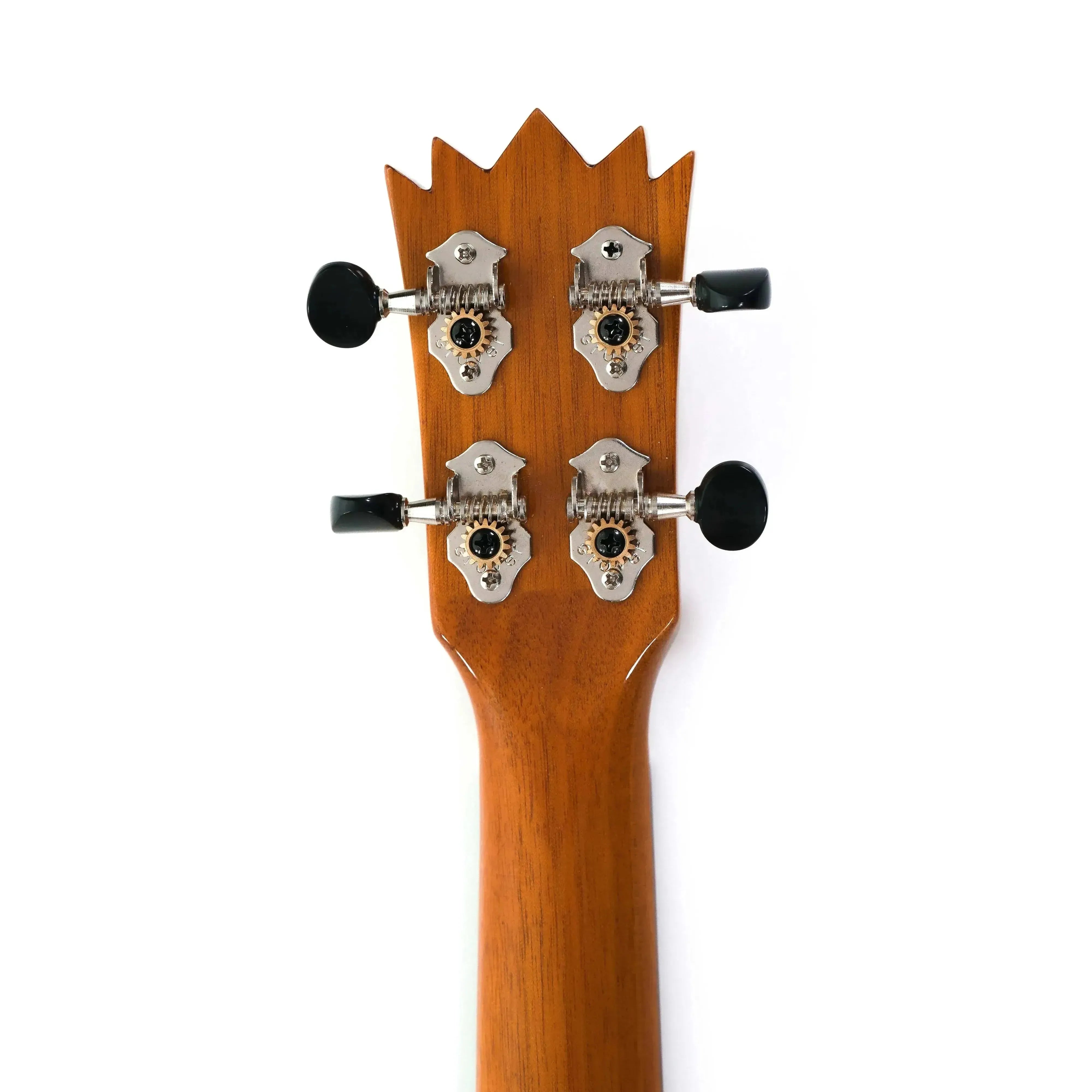 Back of Ohana PKC-25G ukulele headstock and neck, showing crown shape, mahogany wood, and tuners.