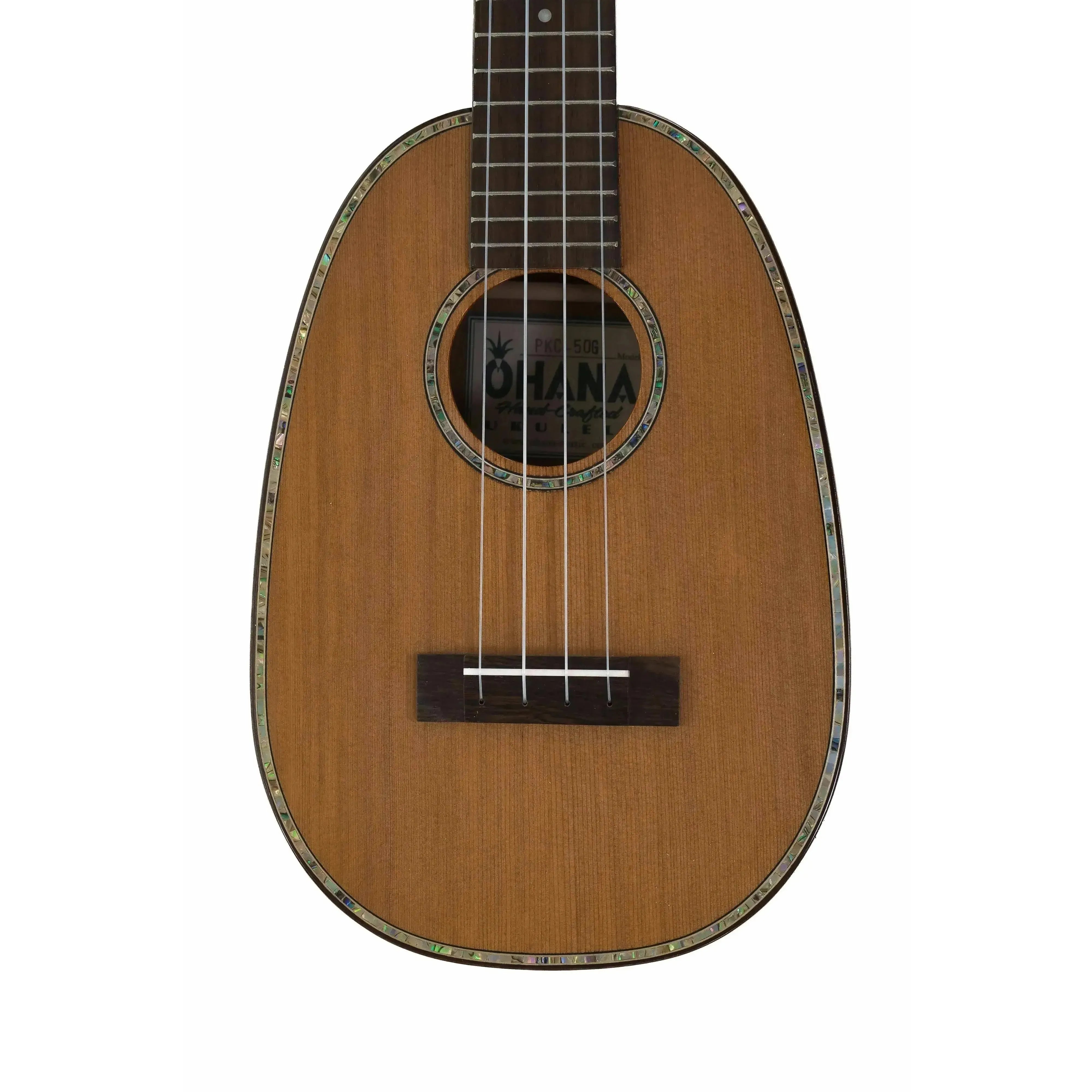 Ohana PKC-50G pineapple concert ukulele with solid cedar top, mahogany back, and gloss finish.