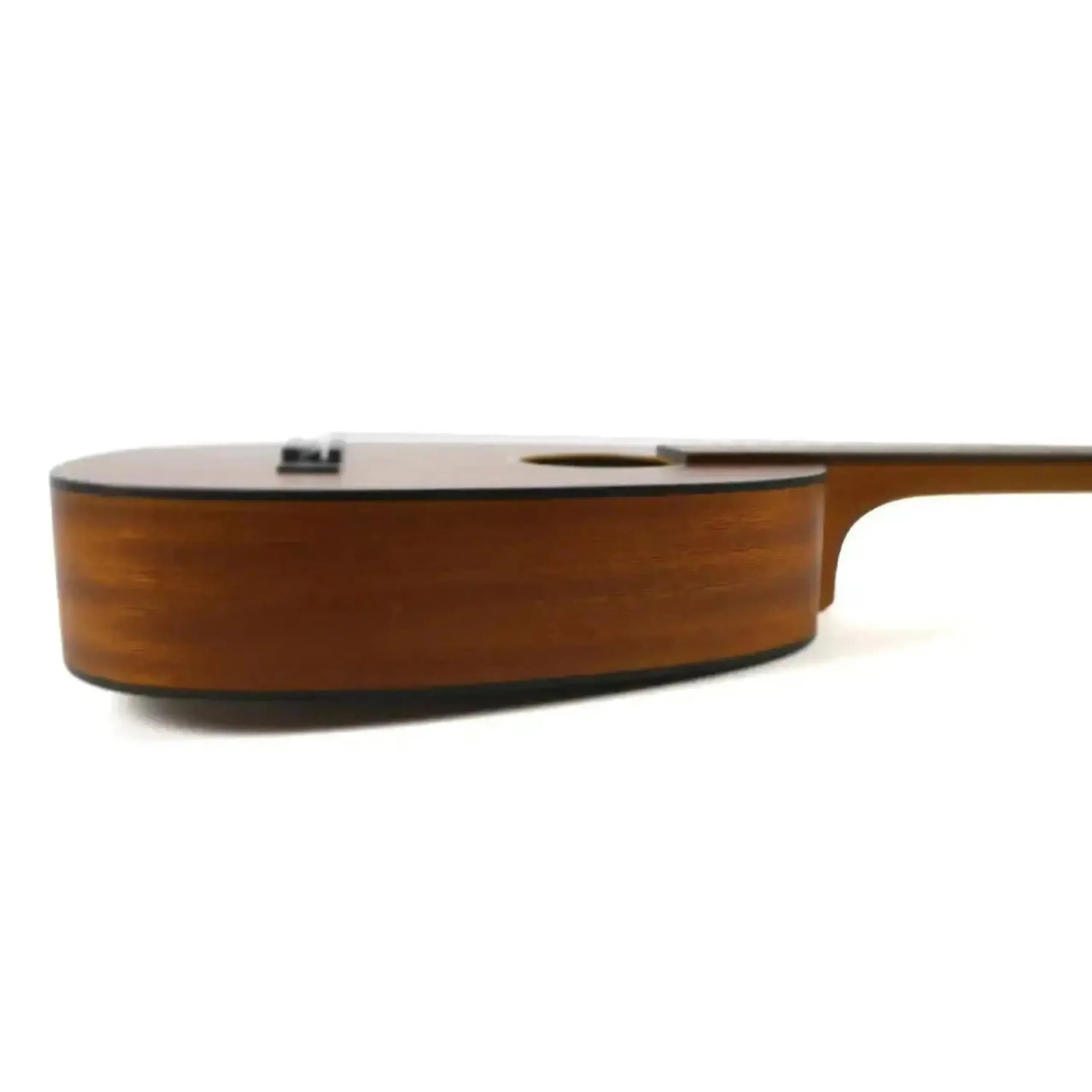 Ohana PKT-14 Mahogany Pineapple Tenor Ukulele, side view showing the warm brown body and satin finish.