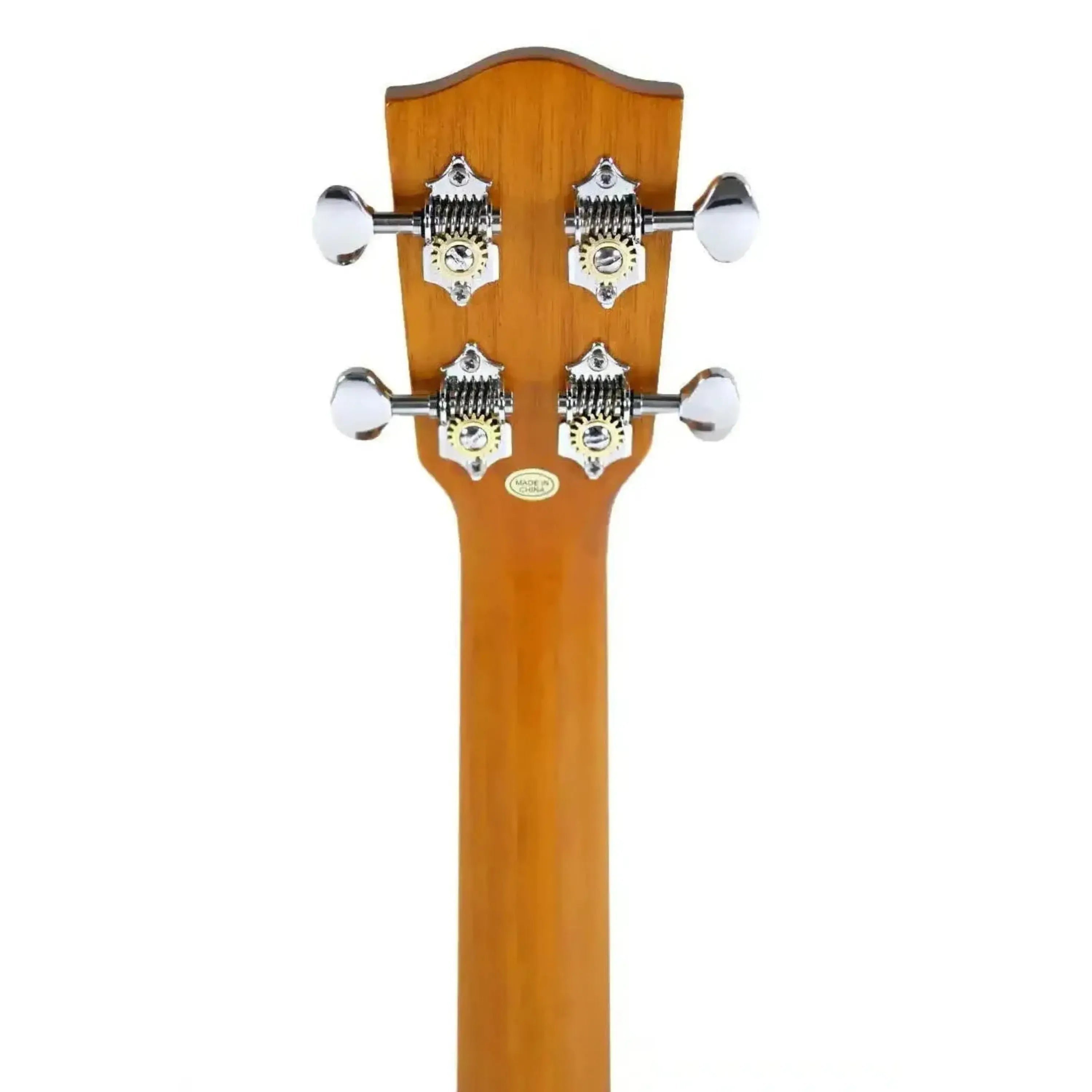 Back of Ohana PKT-14 Mahogany Pineapple Tenor Ukulele headstock with chrome Grover tuners.