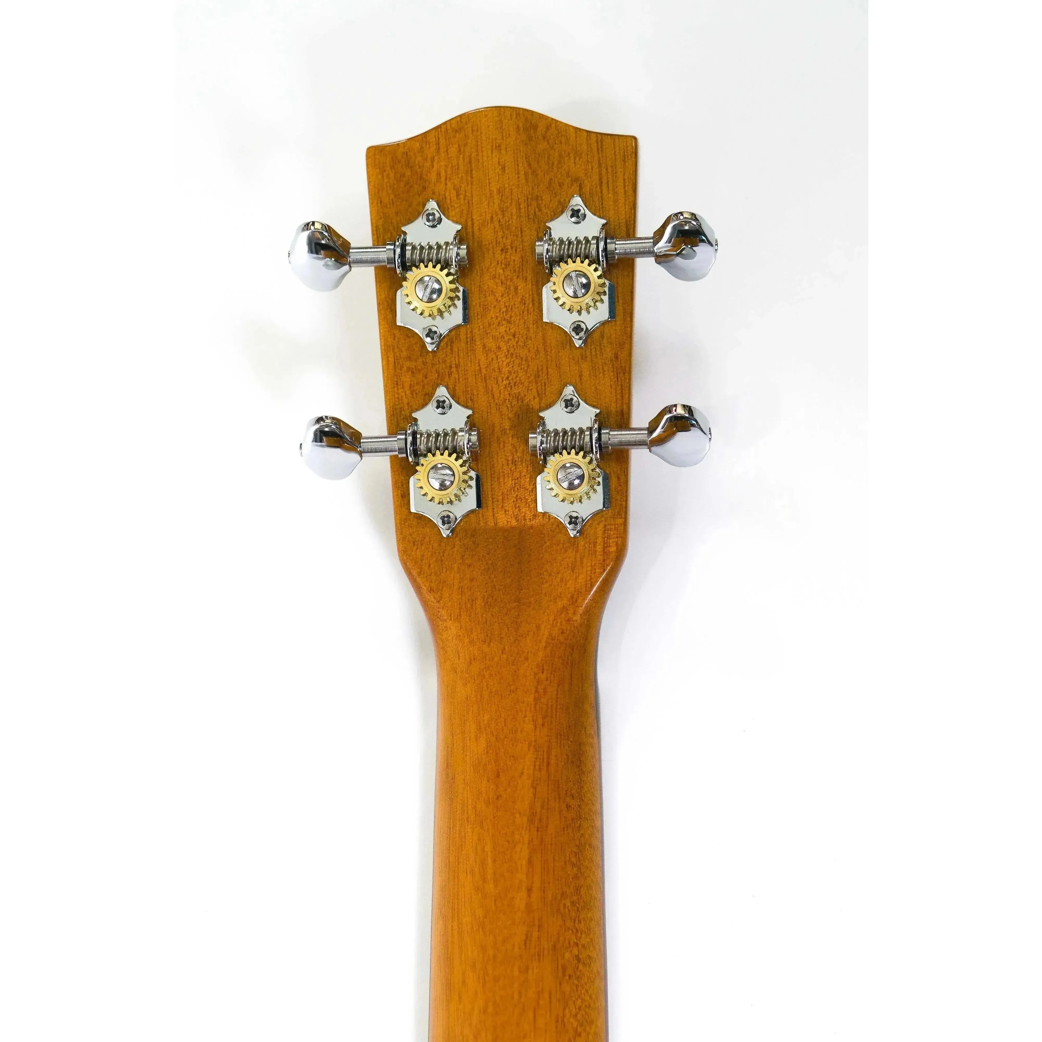 Back of Ohana PKT-220G Tenor Ukulele headstock and neck, showing chrome tuners with gold gears.