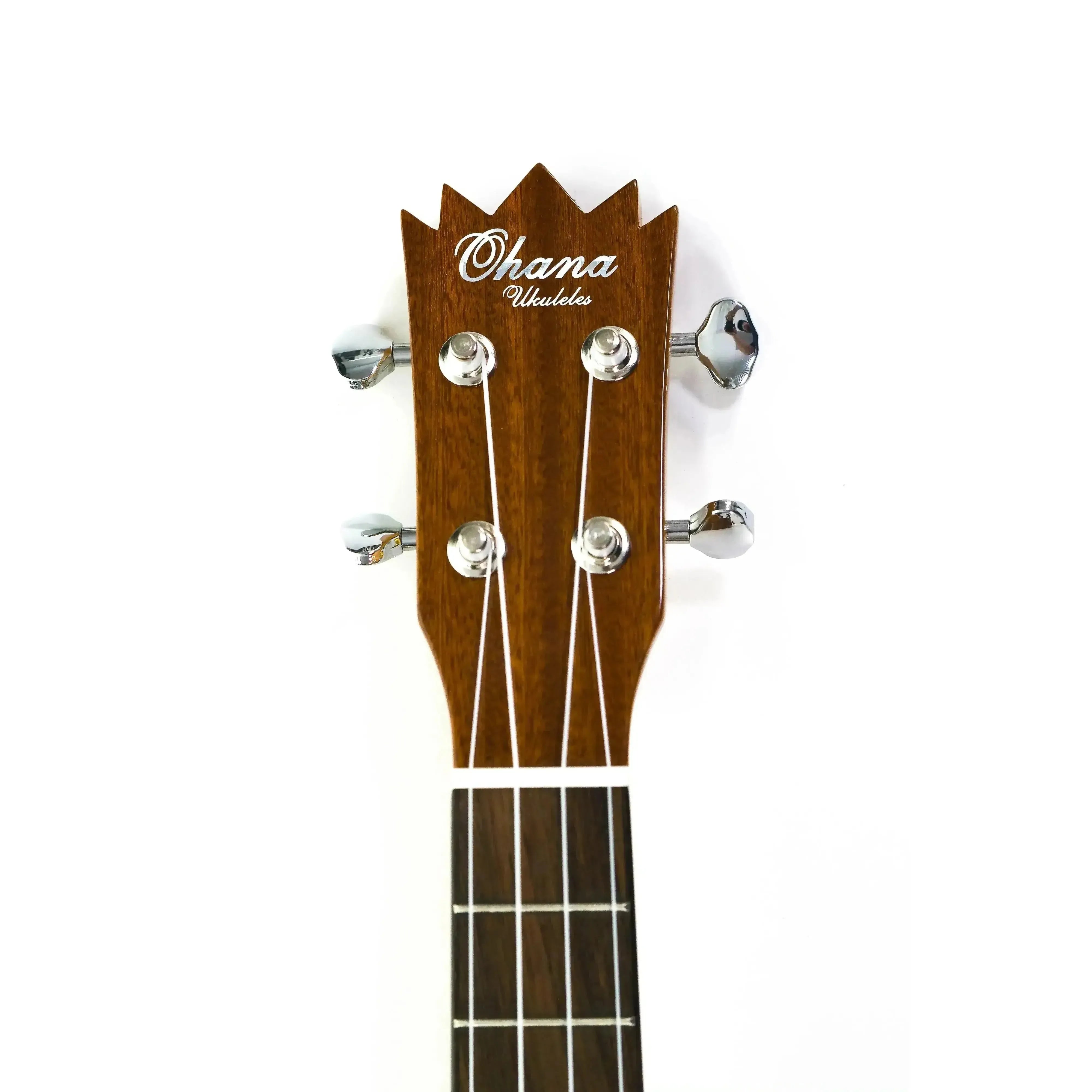 Ohana PKT-25G Pineapple Tenor Ukulele headstock with "Ohana Ukuleles" logo, mahogany wood, and chrome tuners.