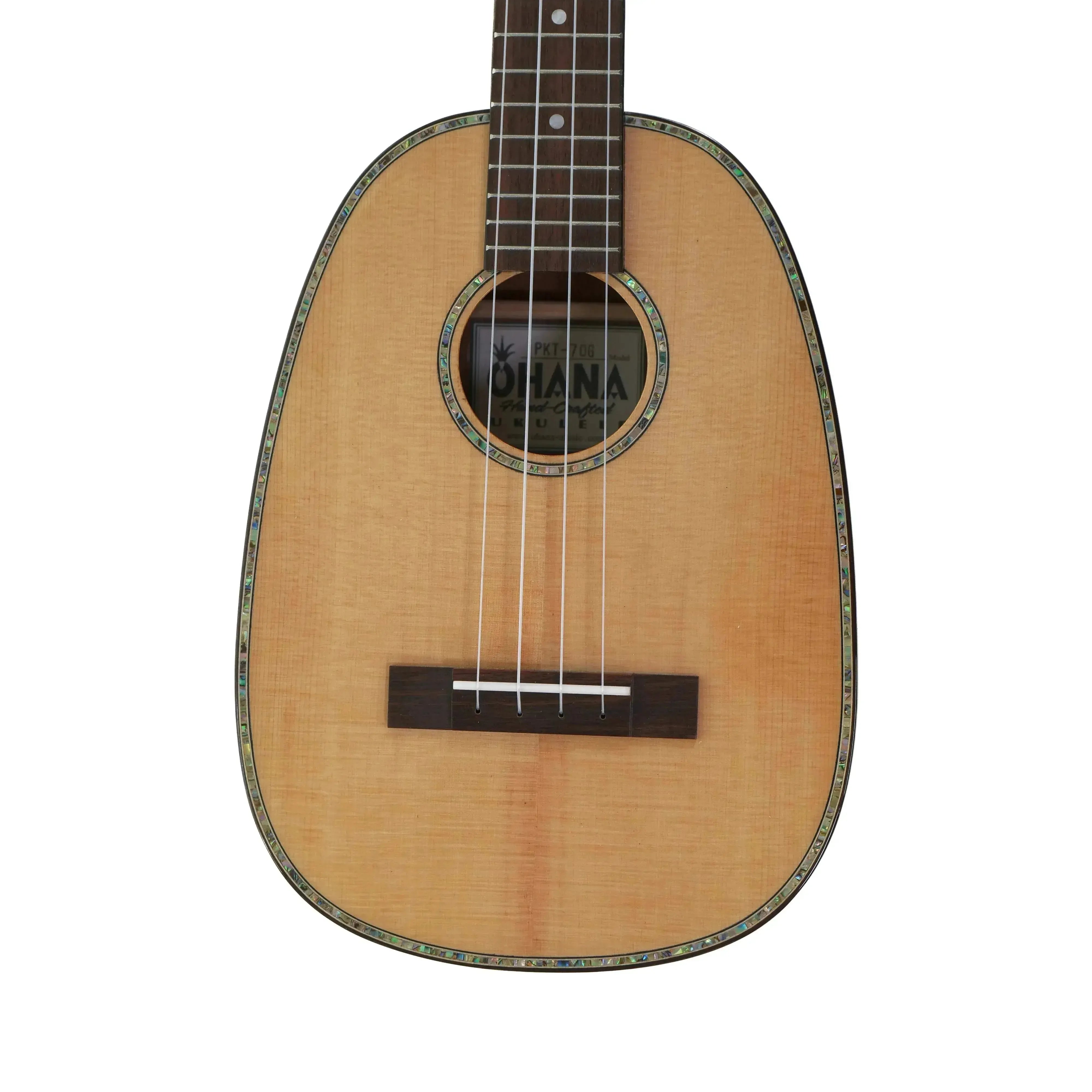 Ohana PKT-70G pineapple tenor ukulele with light spruce top, abalone inlay, and dark fretboard.