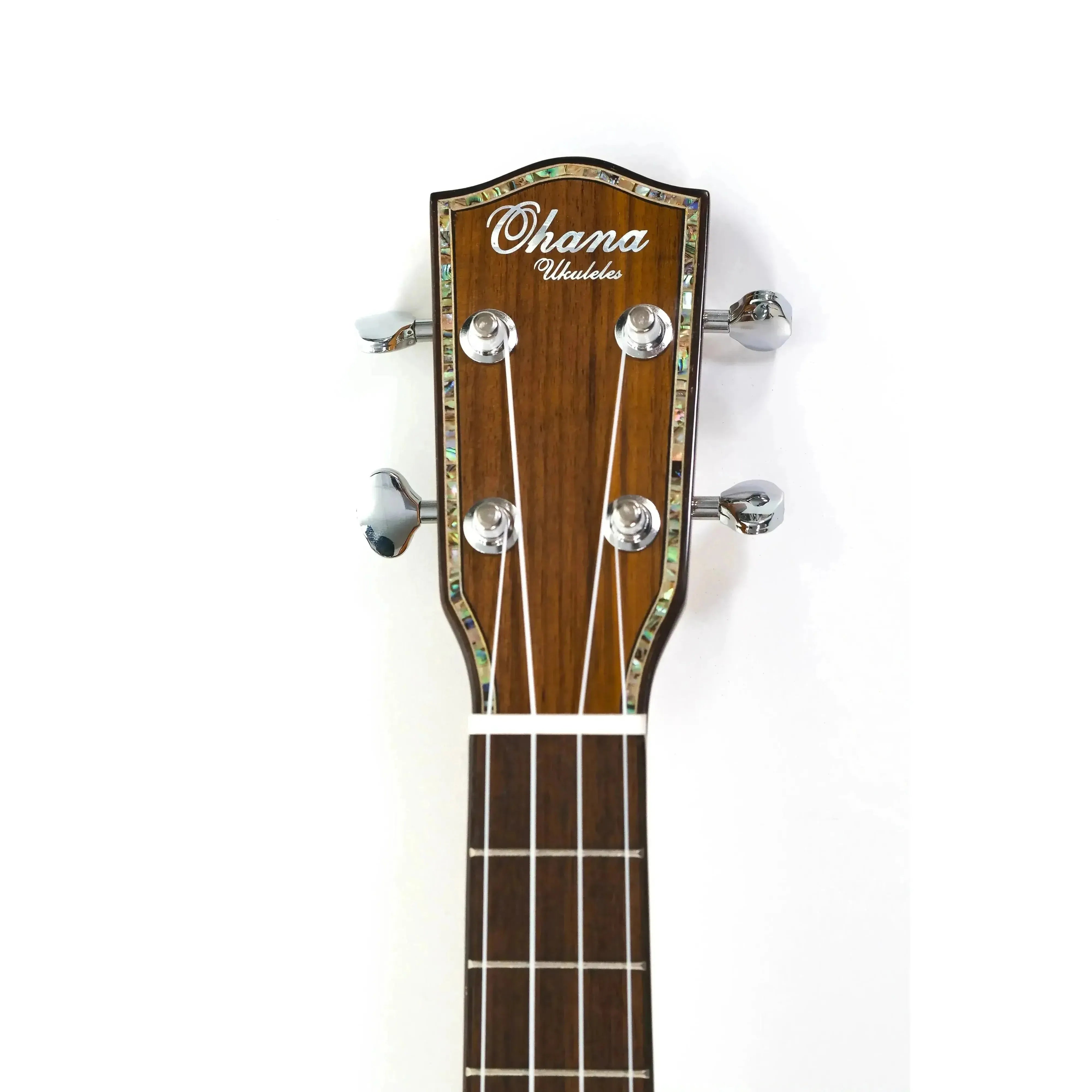 Ohana PKT-70G ukulele headstock with abalone inlay, chrome tuners, and dark wood neck.