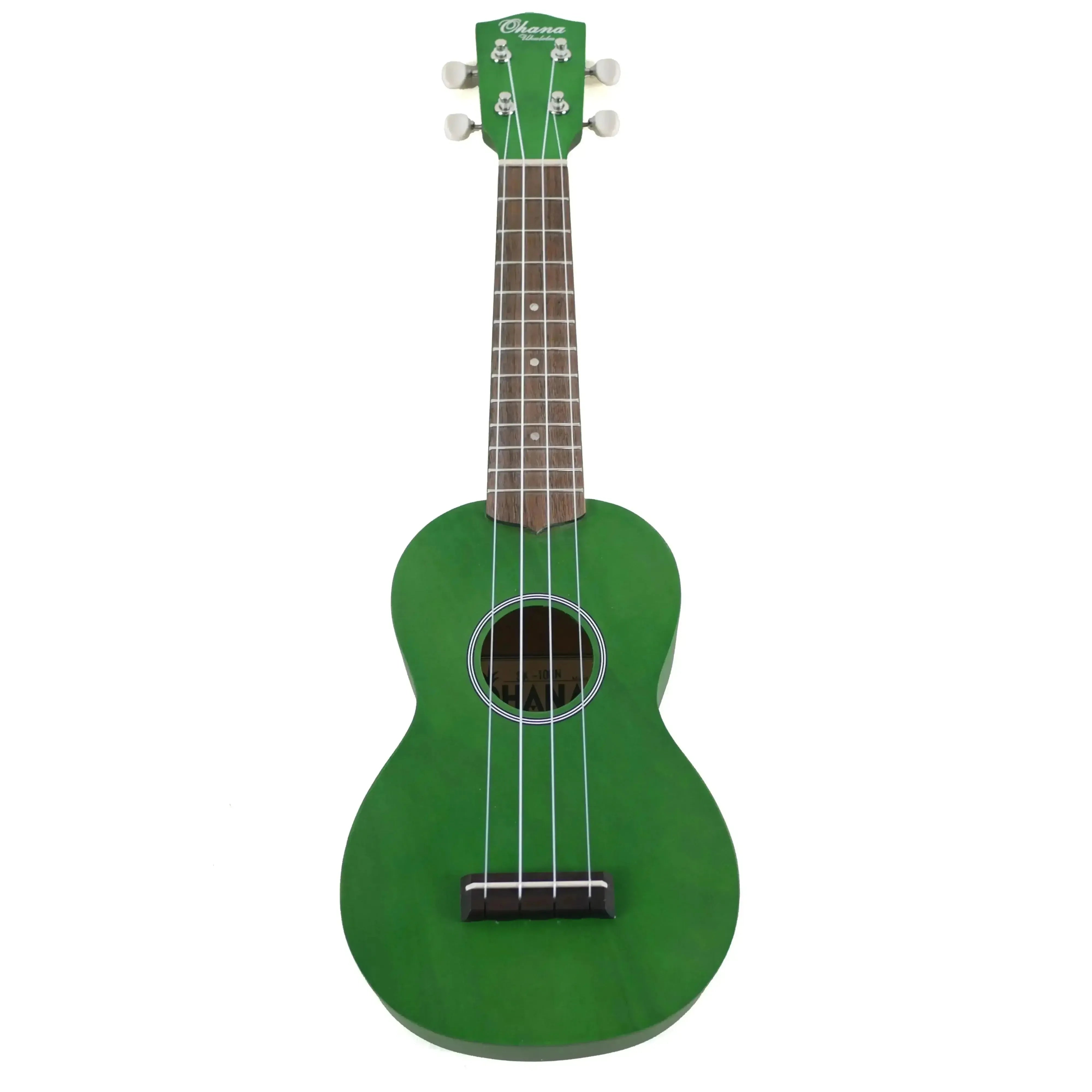 Ohana SK-10-GN green mahogany soprano ukulele with a satin finish, black-white rosette, and pearloid dot inlays.