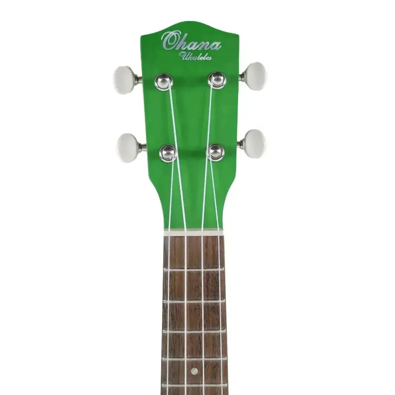 Ohana SK-10-GN green mahogany soprano ukulele headstock with white tuning pegs and dark fretboard.