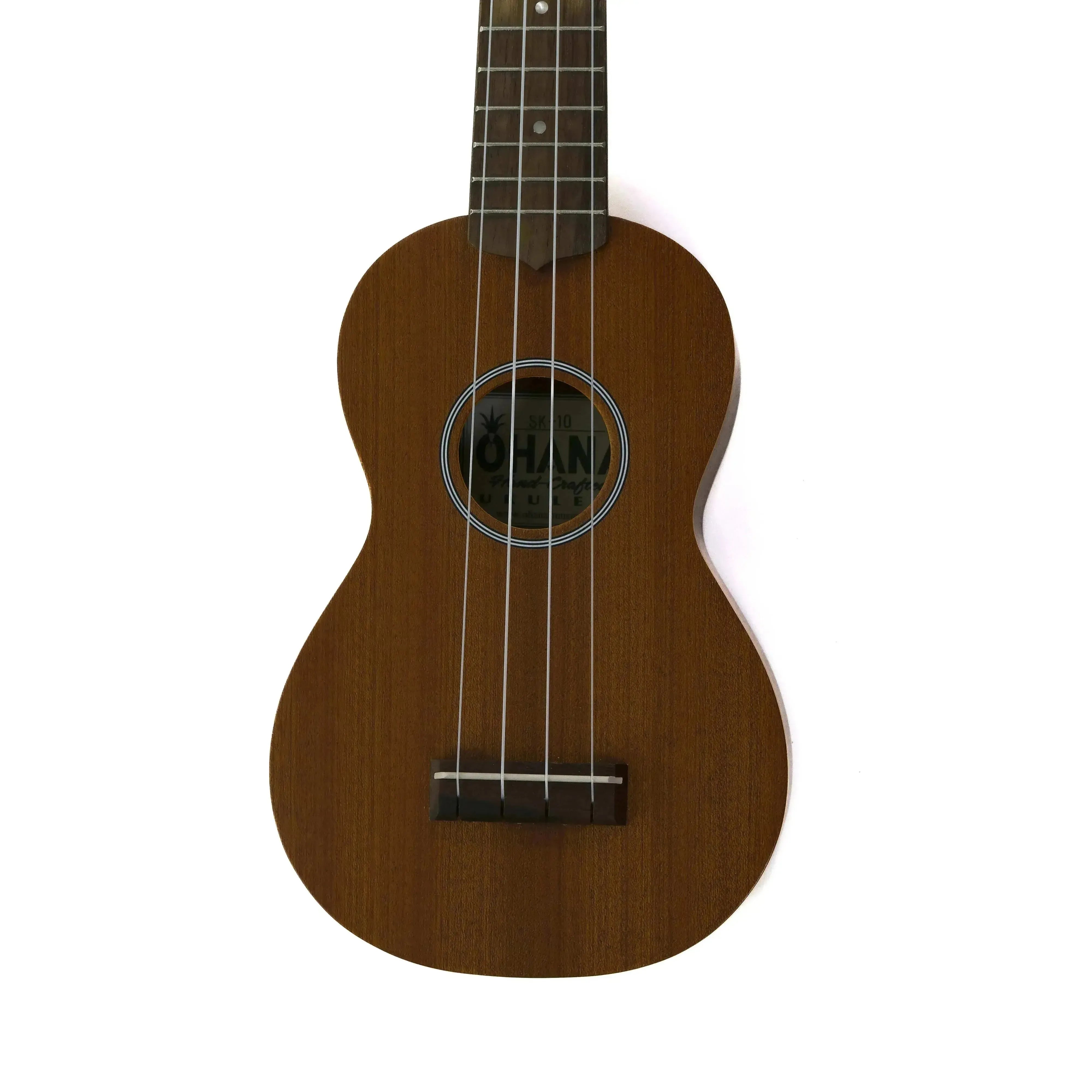 Ohana SK-10 mahogany soprano ukulele with a satin finish and black binding, showing the soundhole.