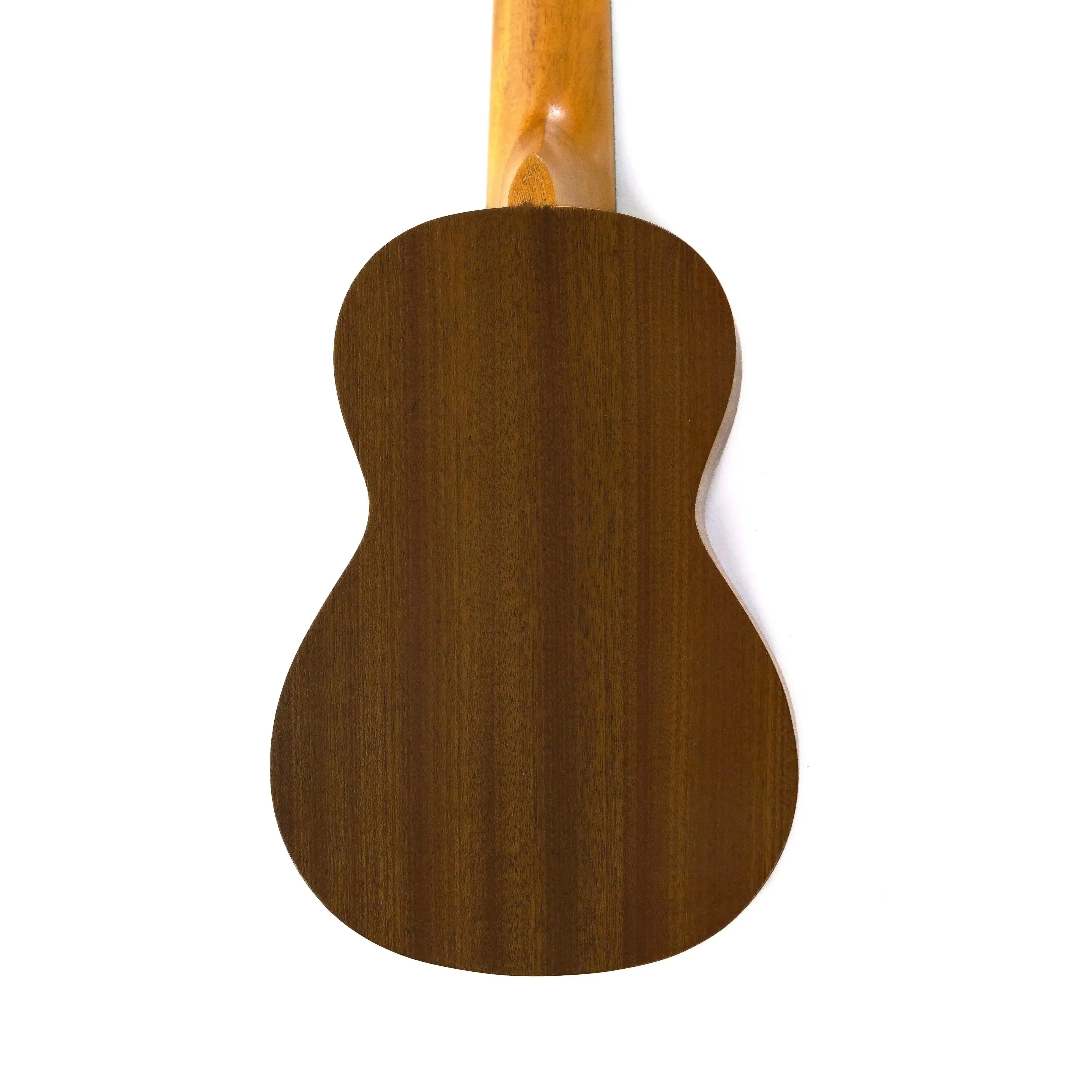 Back of an Ohana SK-10 Mahogany Soprano Ukulele, showing its dark wood grain and light neck.