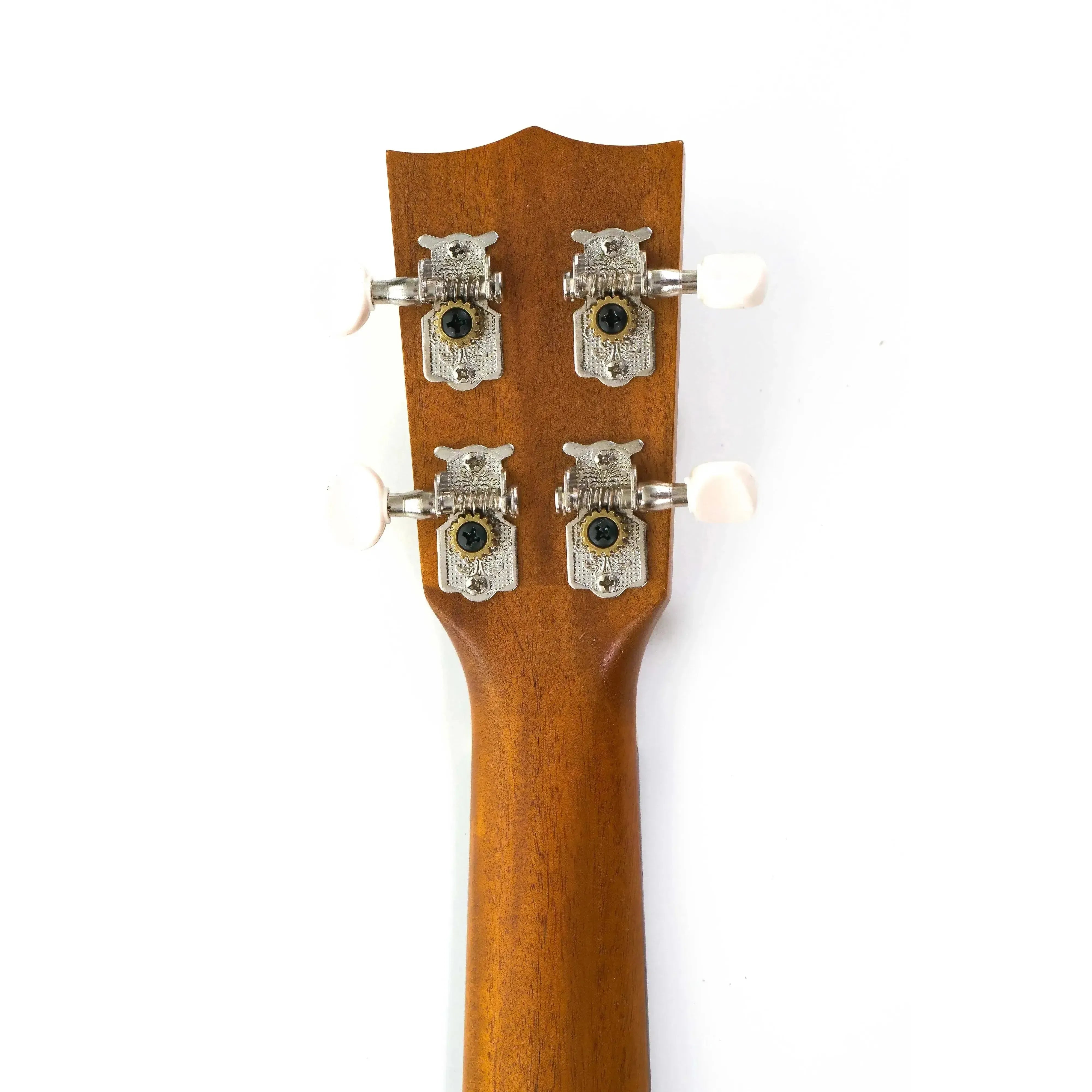 Ohana SK-10 mahogany soprano ukulele headstock with chrome open geared tuners and white buttons.