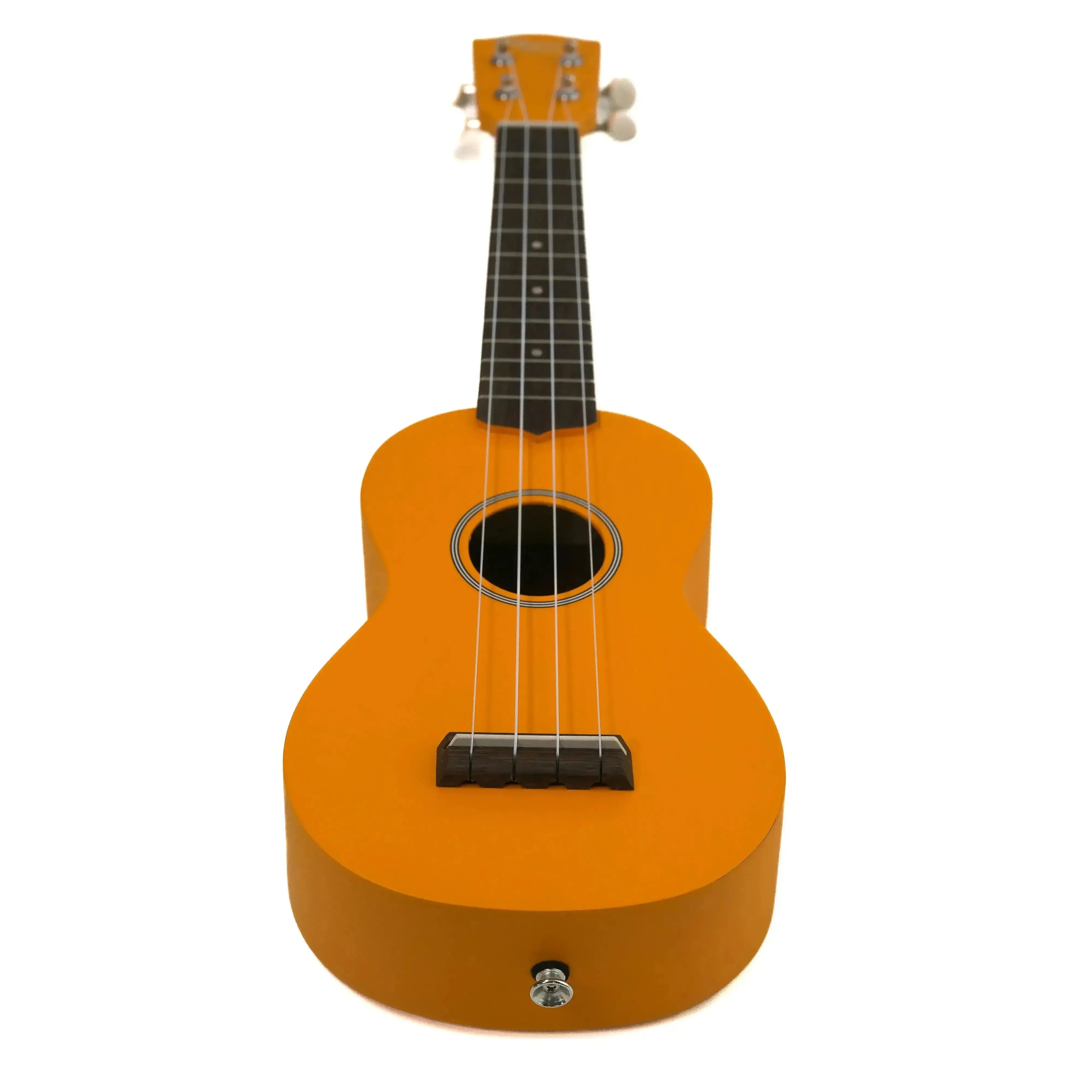 Ohana SK-10-OR orange mahogany soprano ukulele with black fretboard and strings.