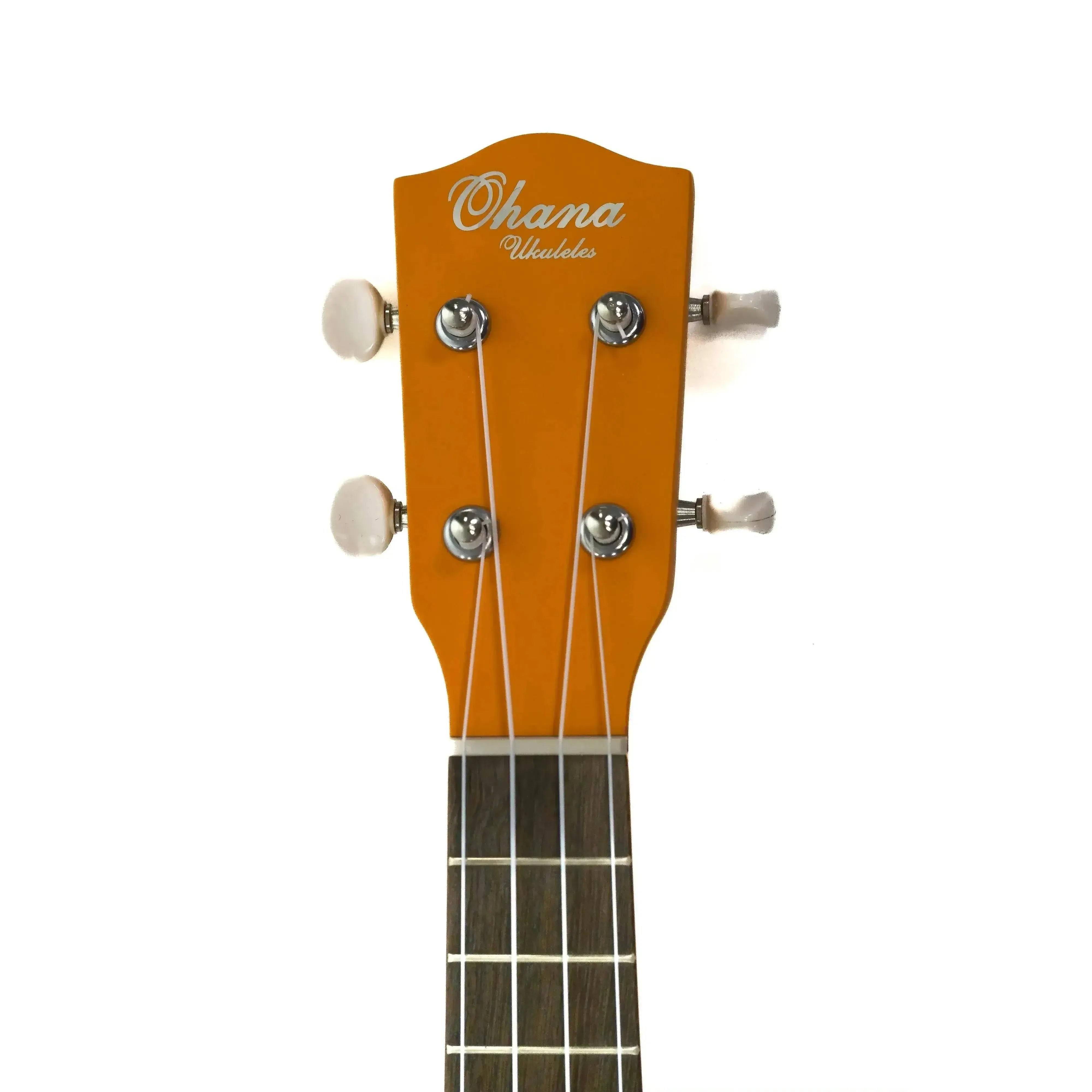 Ohana SK-10-OR orange mahogany soprano ukulele headstock with white tuners and strings.