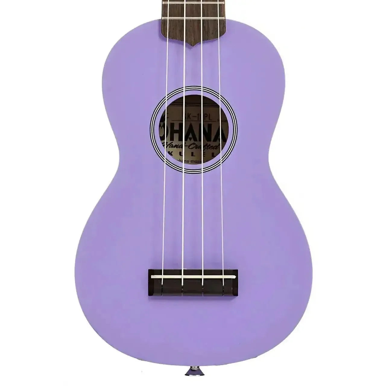 Ohana SK-10-PL purple mahogany soprano ukulele body with soundhole, bridge, and white strings.