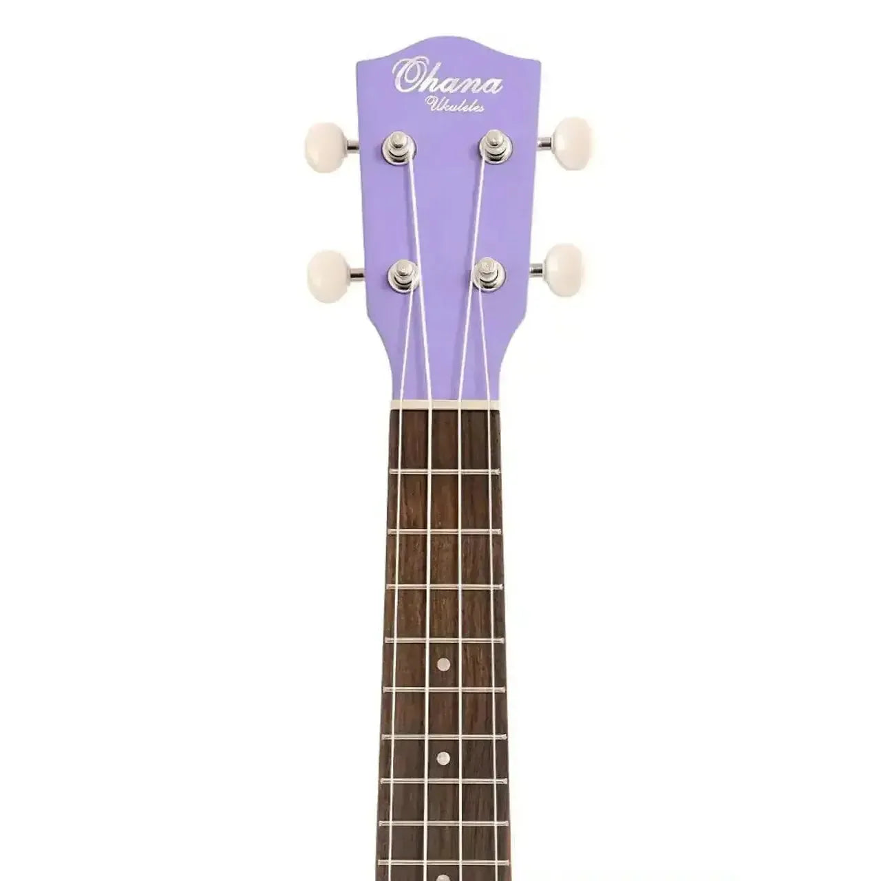 Ohana SK-10-PL purple mahogany soprano ukulele headstock with white tuning pegs and fretboard.