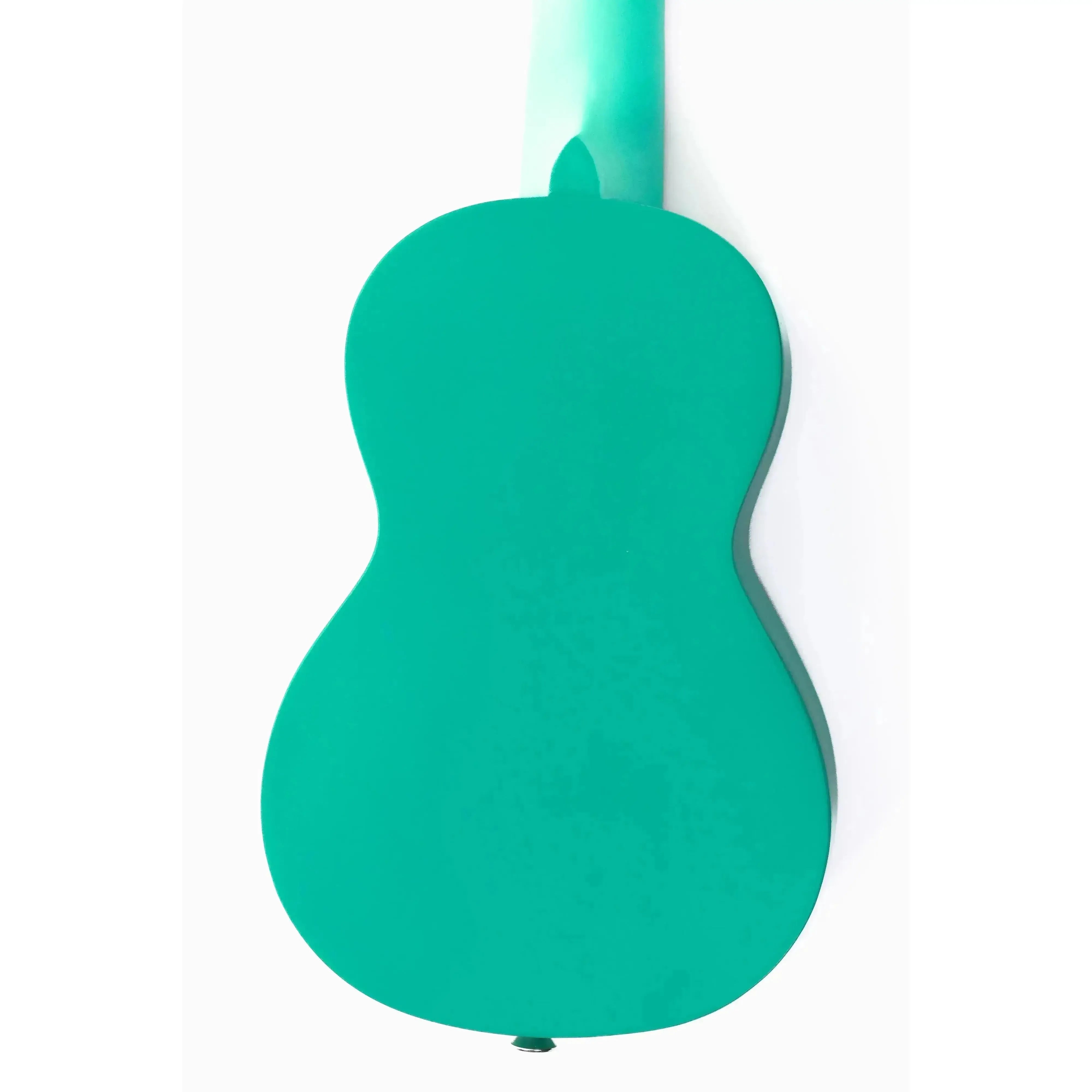 Back of an Ohana SK-10-TQ turquoise mahogany soprano ukulele, showing its smooth, vibrant finish.