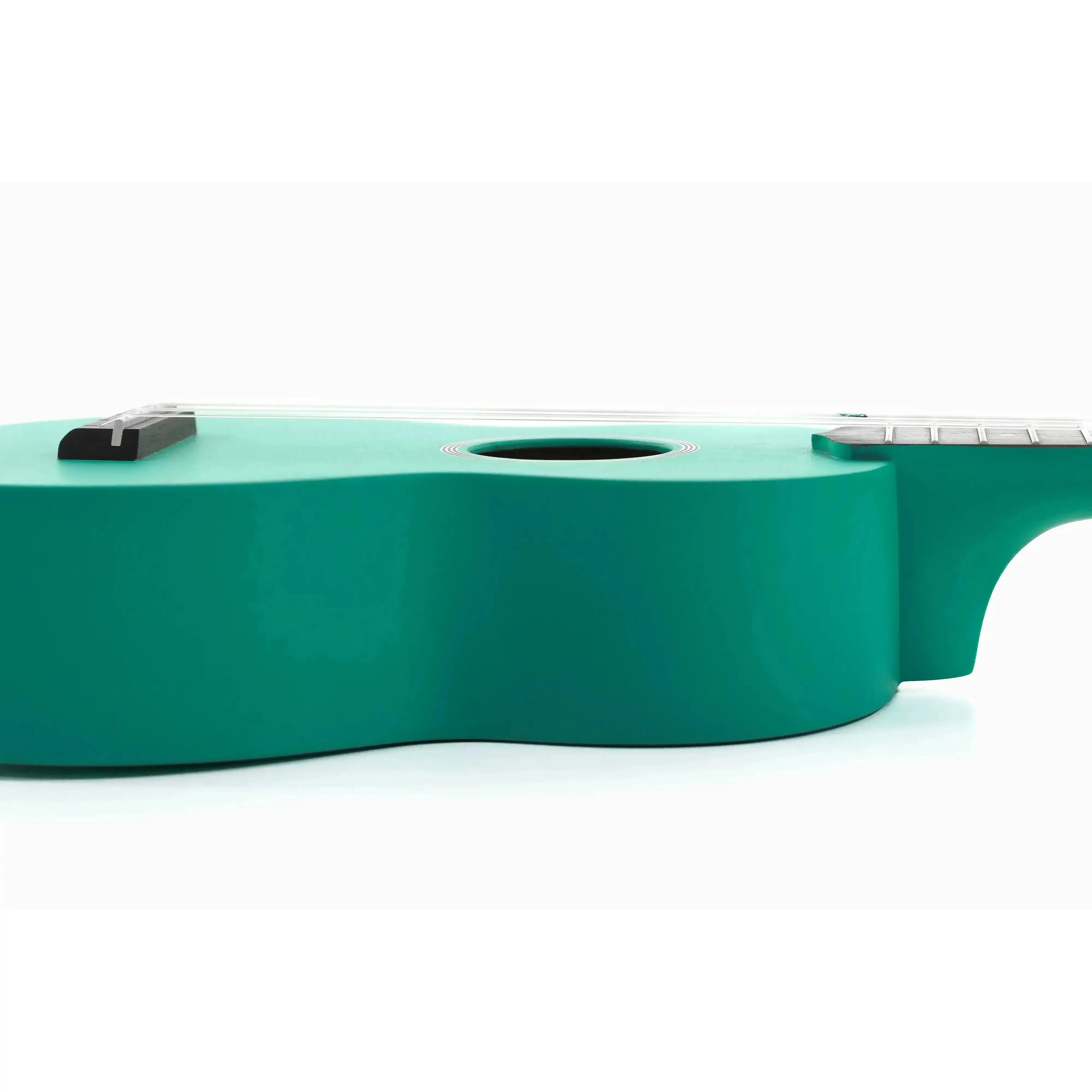 Ohana SK-10-TQ turquoise mahogany soprano ukulele body with sound hole and bridge.
