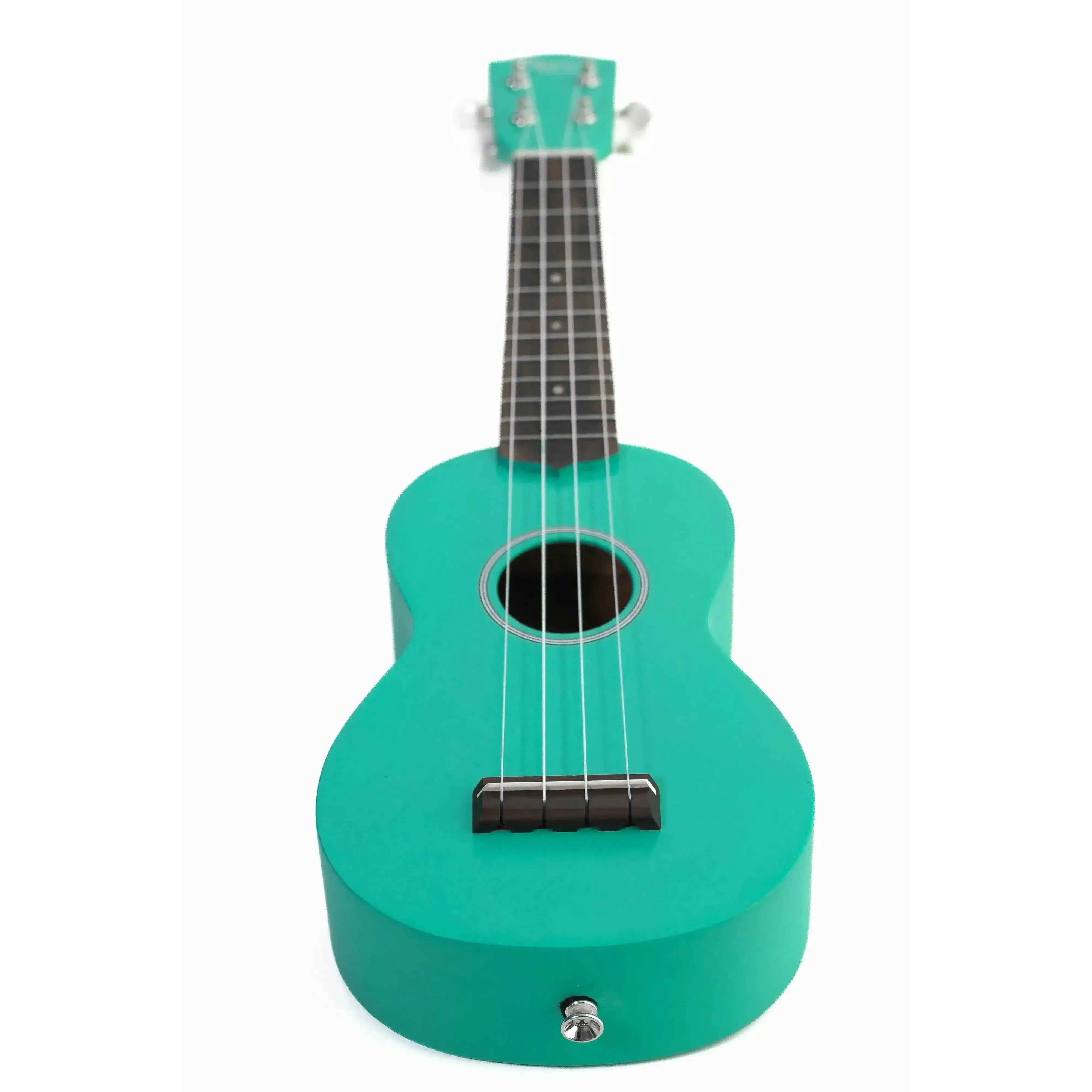 Ohana SK-10-TQ turquoise mahogany soprano ukulele with black fretboard and soundhole.
