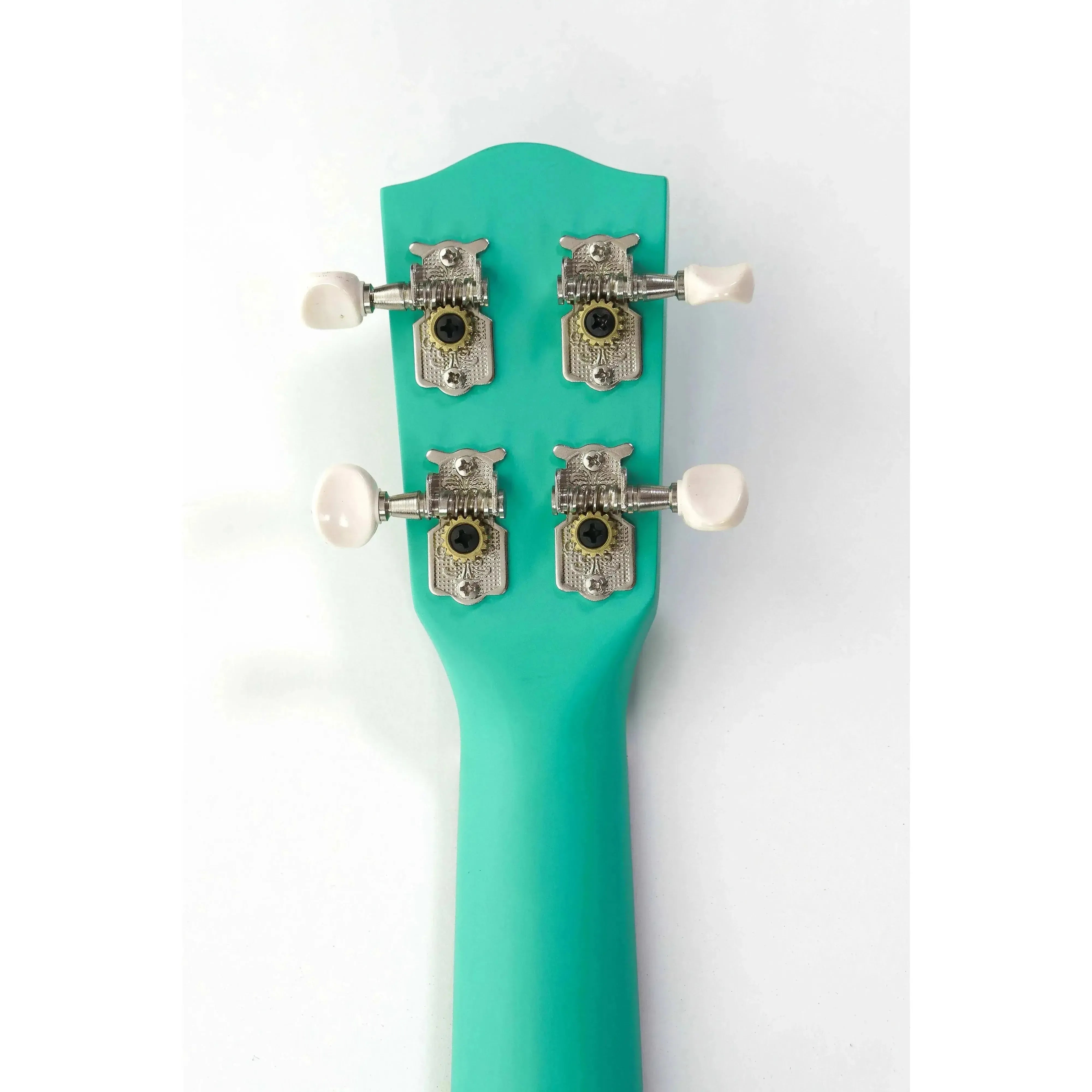 Ohana SK-10-TQ turquoise mahogany soprano ukulele headstock with open geared tuners.