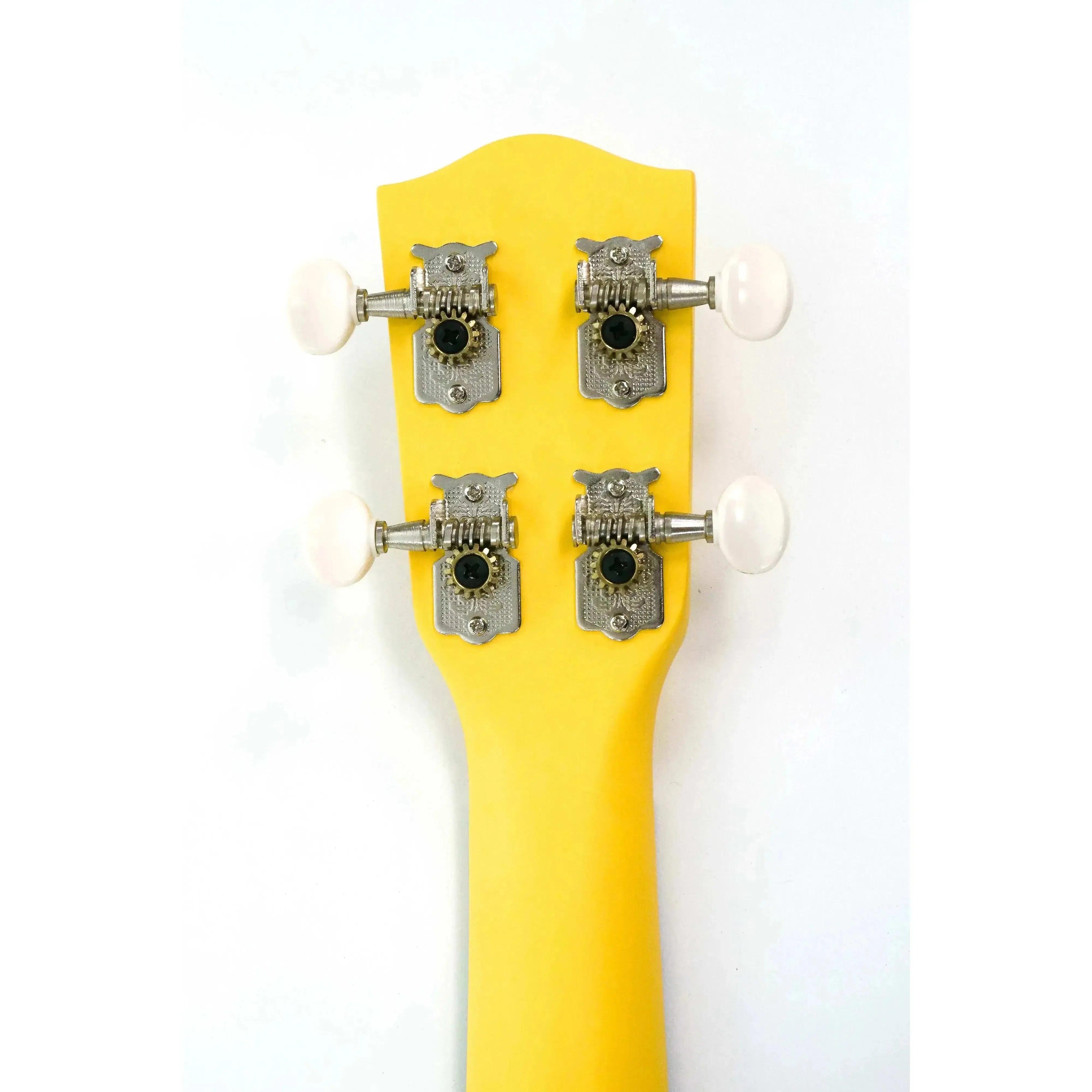 Ohana SK-10-YL yellow mahogany soprano ukulele headstock with four open geared tuners and white knobs.
