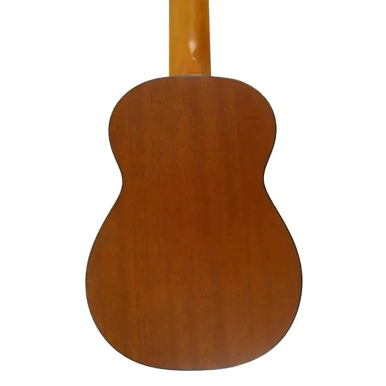 Back of an Ohana SK-14 Mahogany Soprano Ukulele, showing its warm brown wood grain and satin finish.