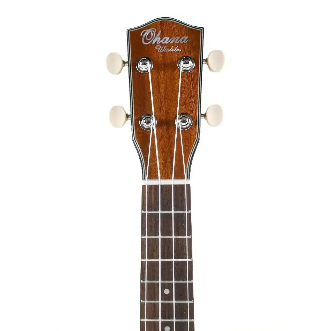 Ohana SK-14 mahogany soprano ukulele headstock with open-slotted design, Grover tuners, and white binding.