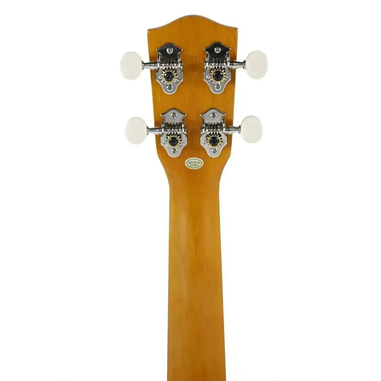 Back of Ohana SK-14 mahogany soprano ukulele headstock with Grover open-geared tuners and white buttons.