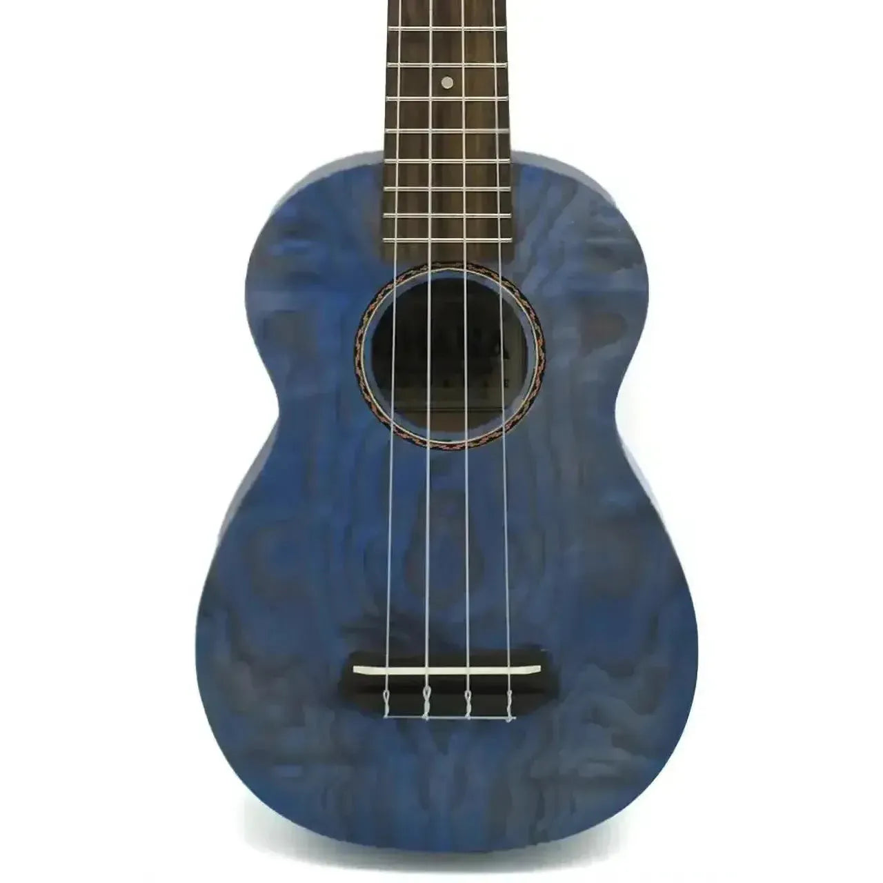 Ohana SK-15W-BL Blue Willow Soprano Ukulele with ribbon rosette and black binding.