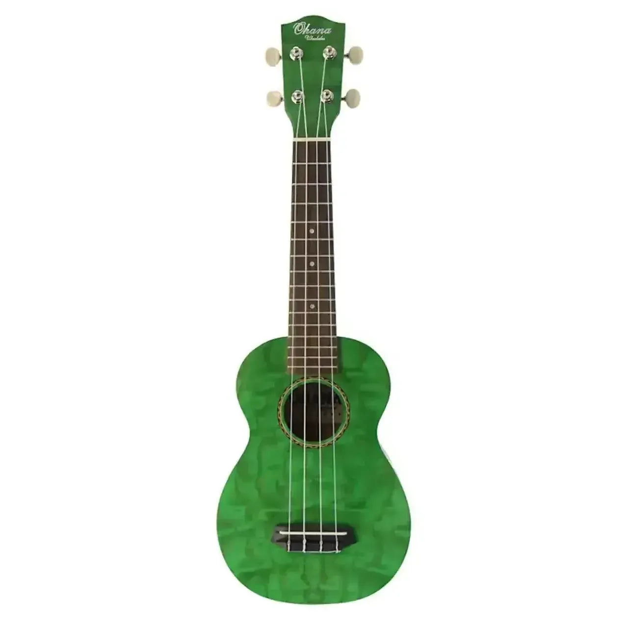 Ohana SK-15W-GN Green Willow Soprano Ukulele with satin finish, pearloid dot inlays, and ribbon rosette.