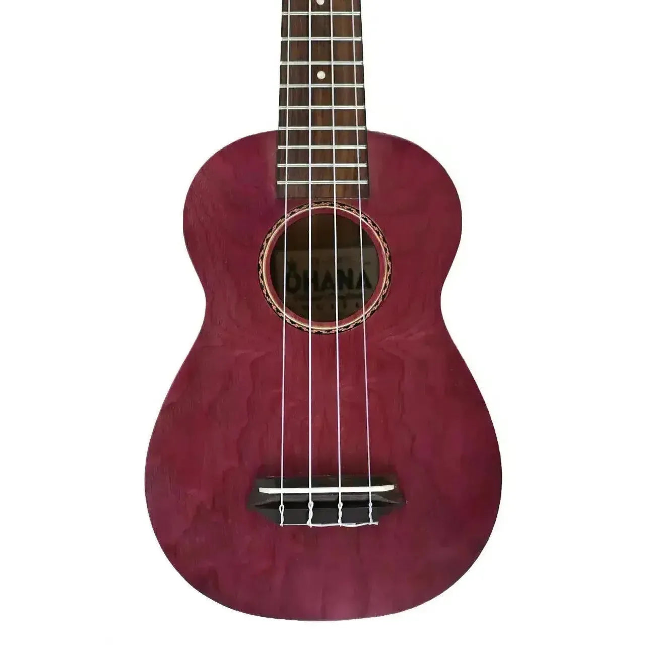 Ohana SK-15W-PL Purple Willow Soprano Ukulele with ribbon rosette and black binding.