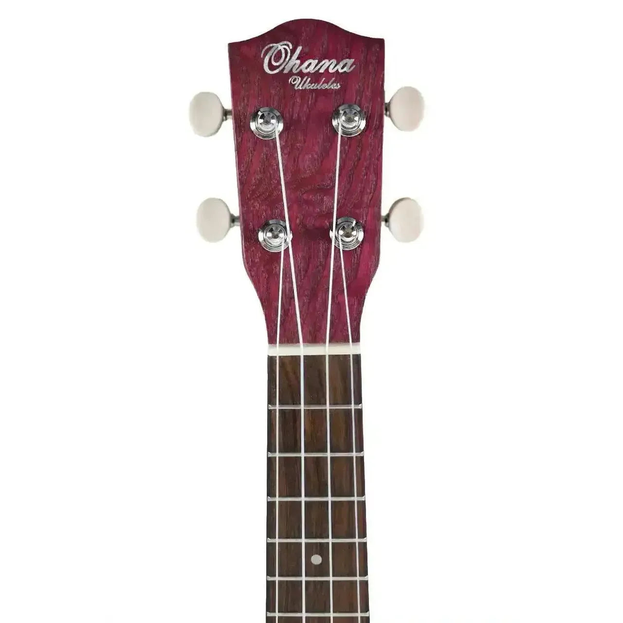 Ohana SK-15W-PL Purple Willow Soprano Ukulele headstock with white tuners and fretboard.