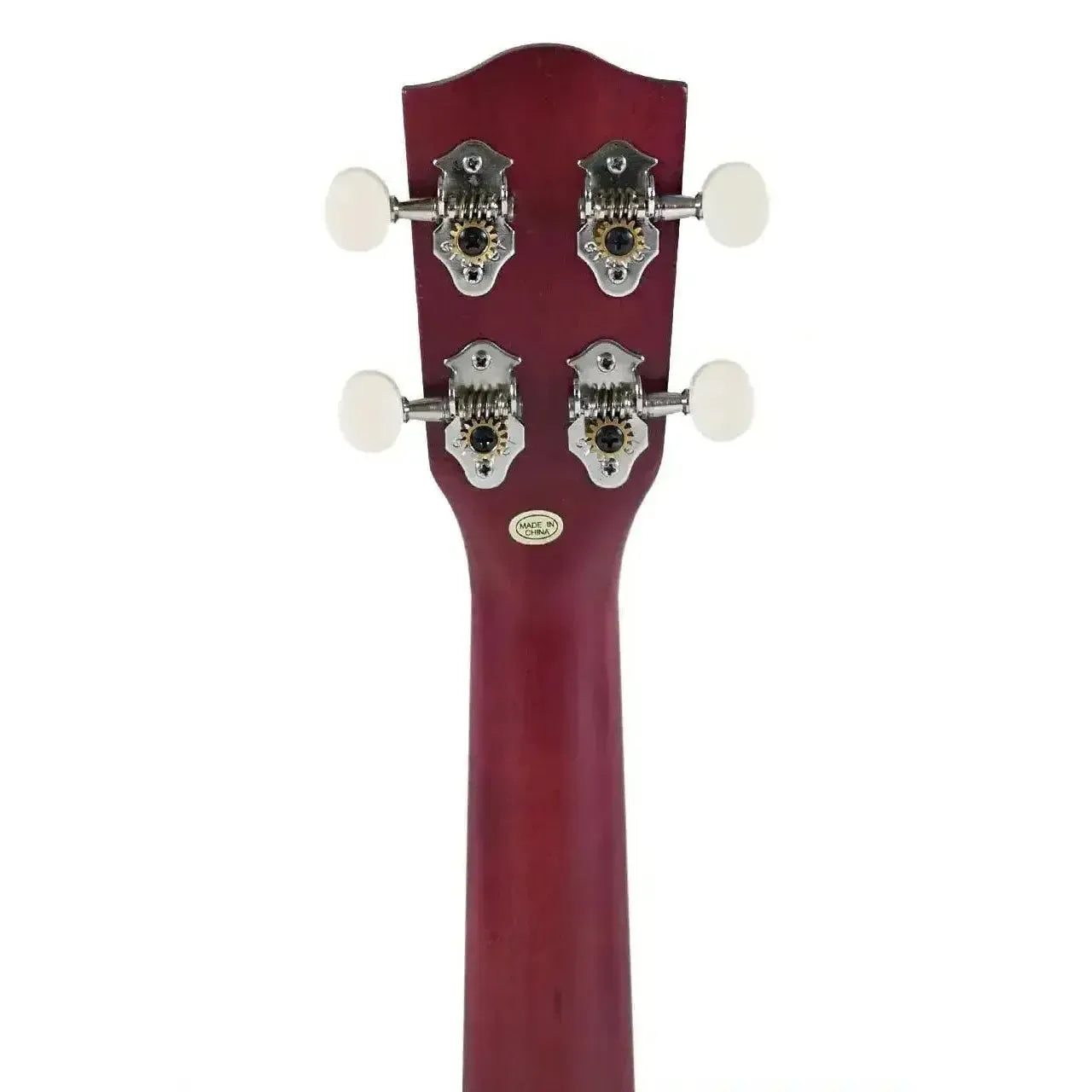 Ohana SK-15W-PL purple willow soprano ukulele headstock with Grover open-geared tuners and white buttons.