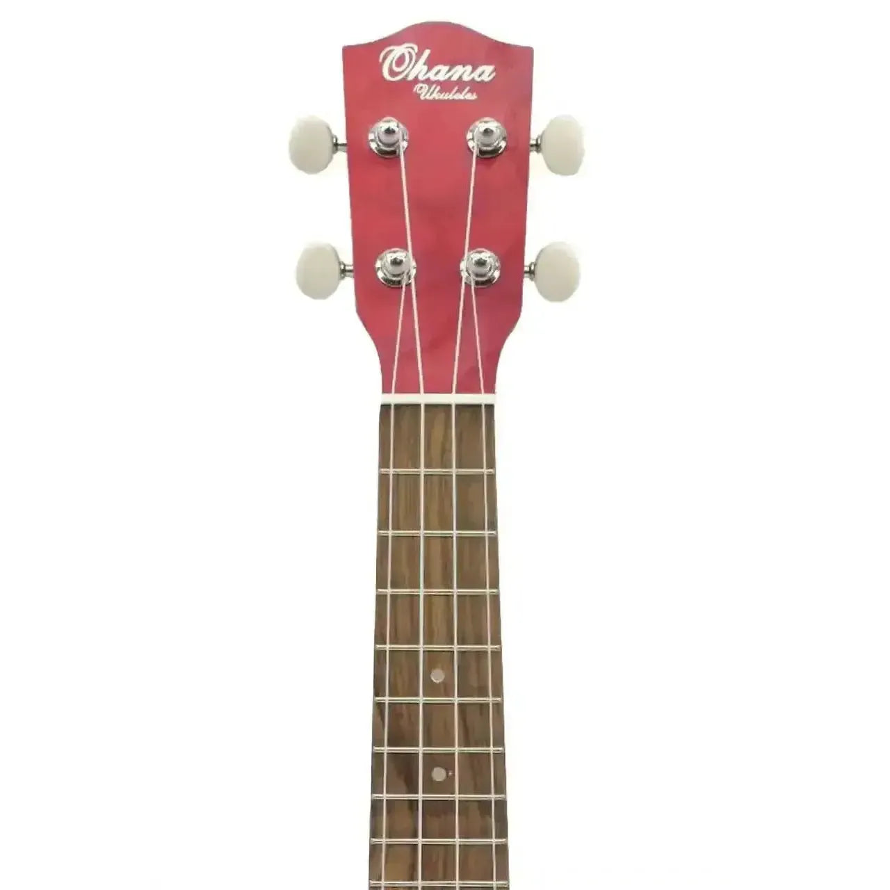 Ohana SK-15W-RD Red Willow Soprano Ukulele headstock and fretboard with white tuners.