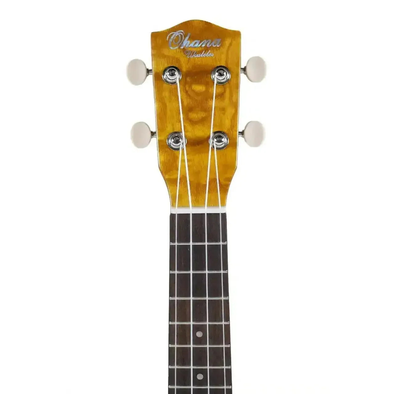 Ohana SK-15WG Gloss Willow Soprano Ukulele headstock with Grover tuners and fretboard.