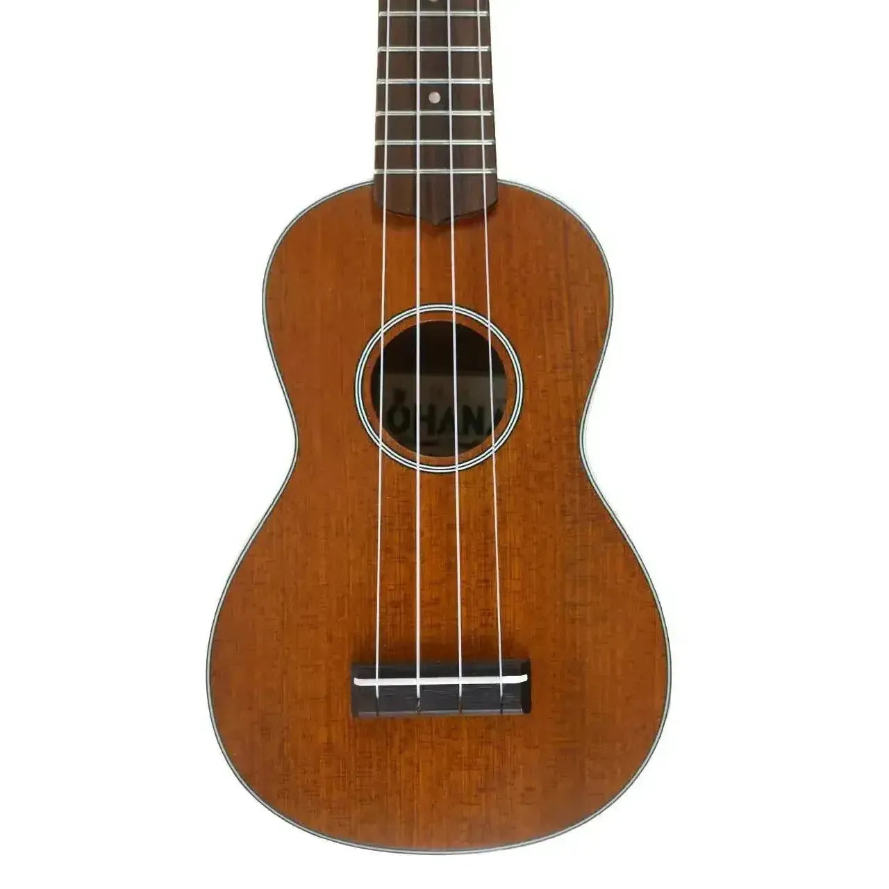 Ohana SK-20 Soprano Ukulele with solid mahogany top, satin finish, cream binding, and black-and-white purfling.