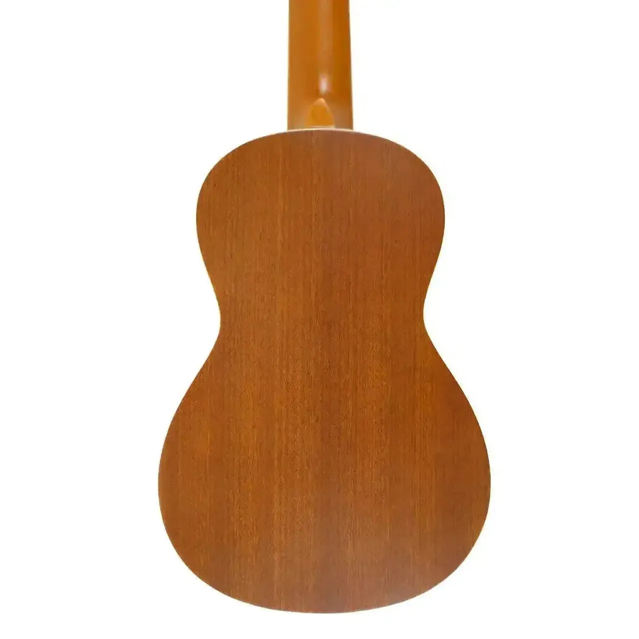 Back of an Ohana SK-20 soprano ukulele, showcasing its natural mahogany wood grain and satin finish.