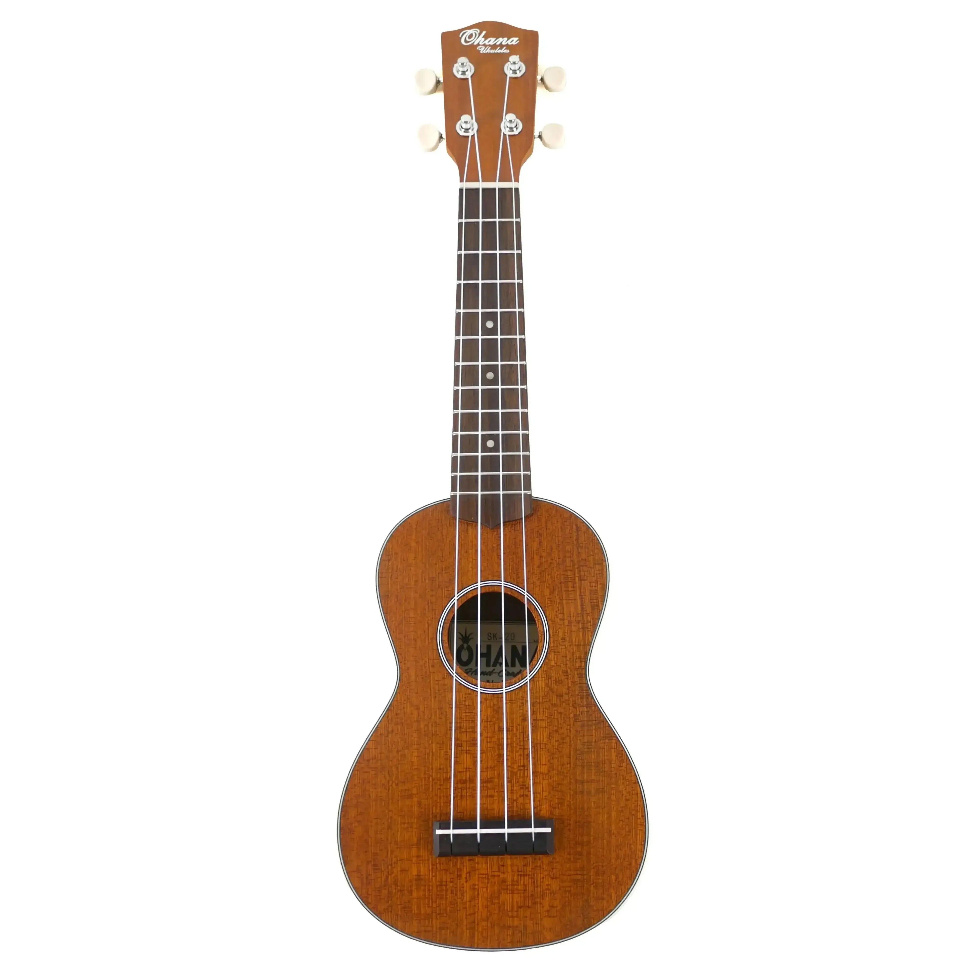 Ohana SK-20 Soprano Ukulele with solid mahogany top, satin finish, and cream binding.