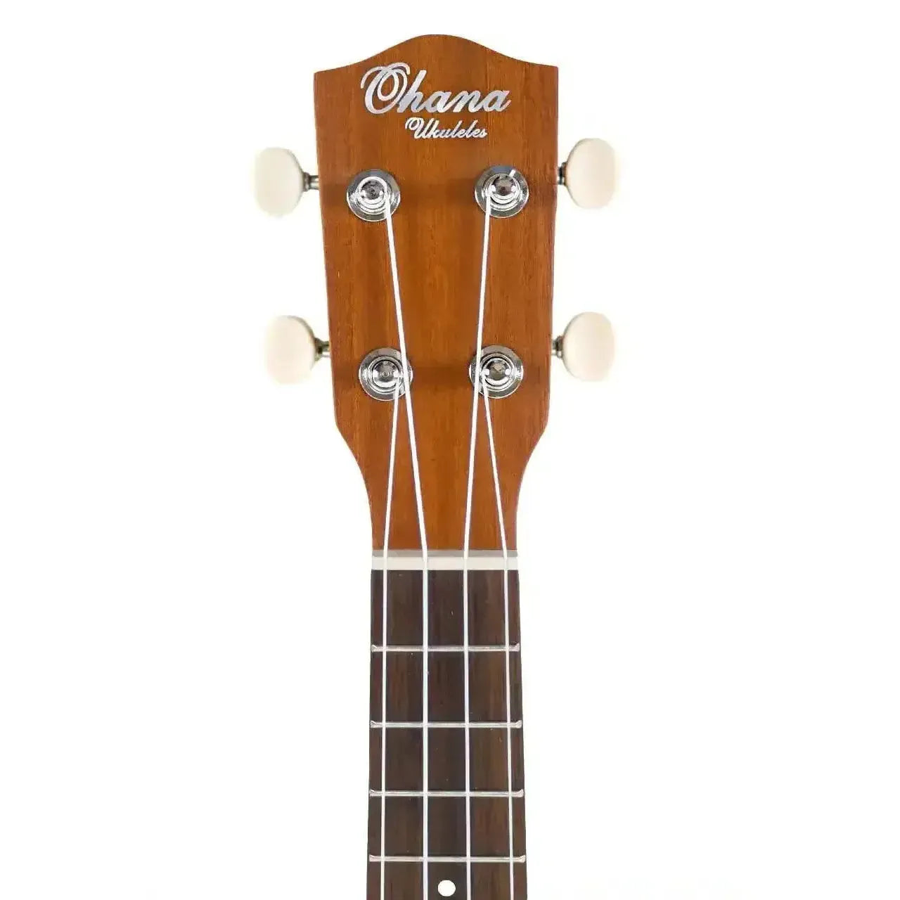 Ohana SK-20 Soprano Ukulele headstock with mahogany finish, white tuners, and "Ohana Ukuleles" logo.