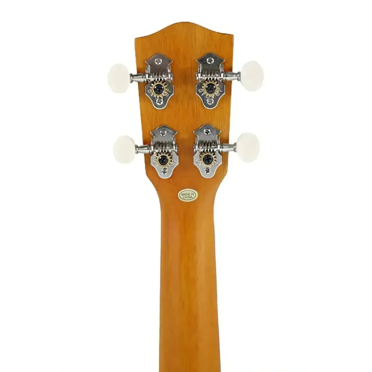 Ohana SK-20 soprano ukulele headstock and neck, showing chrome tuners with white buttons and "Made in China" sticker.