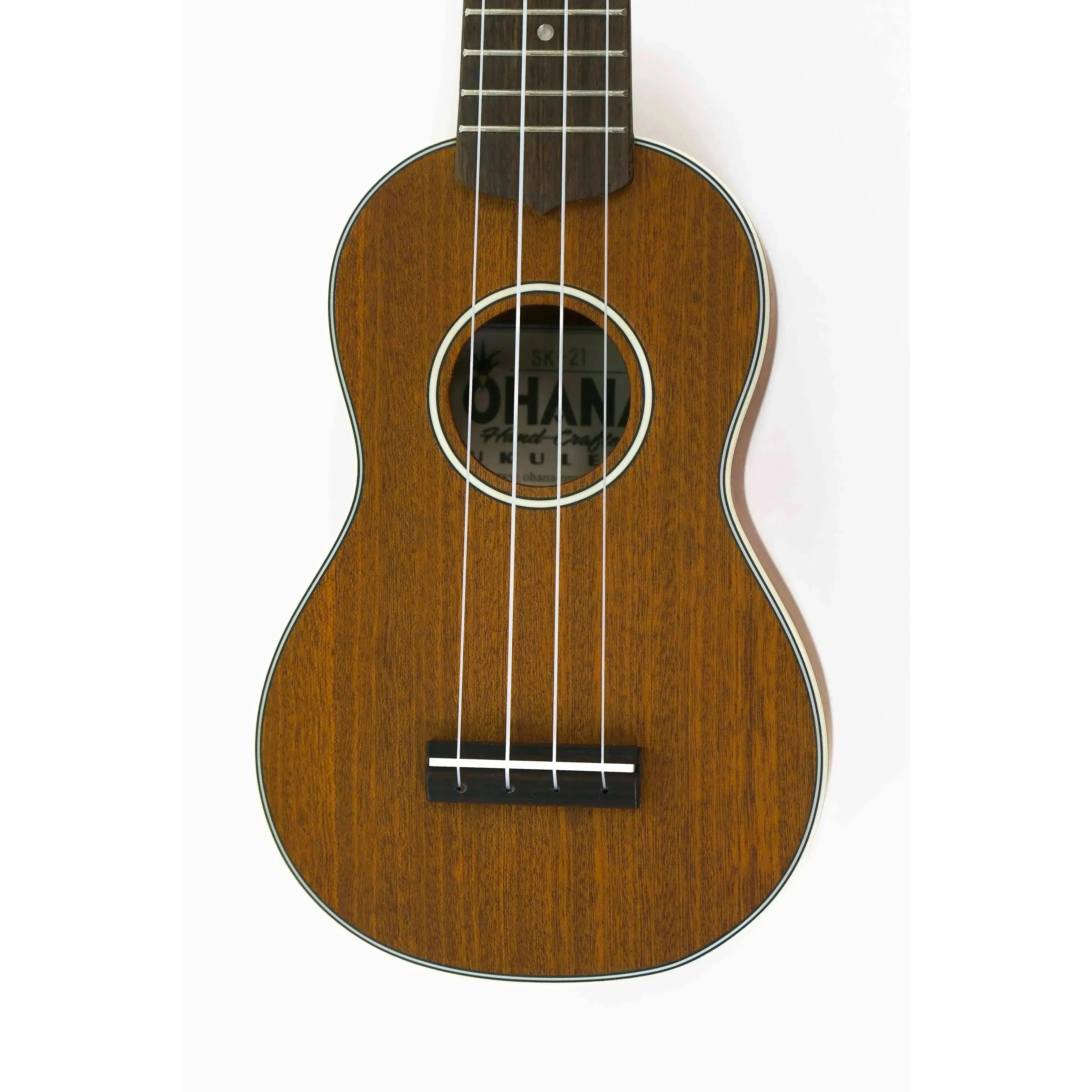 Ohana SK-21 solid mahogany sopranino ukulele with satin finish, cream binding, and sound-hole rosette.