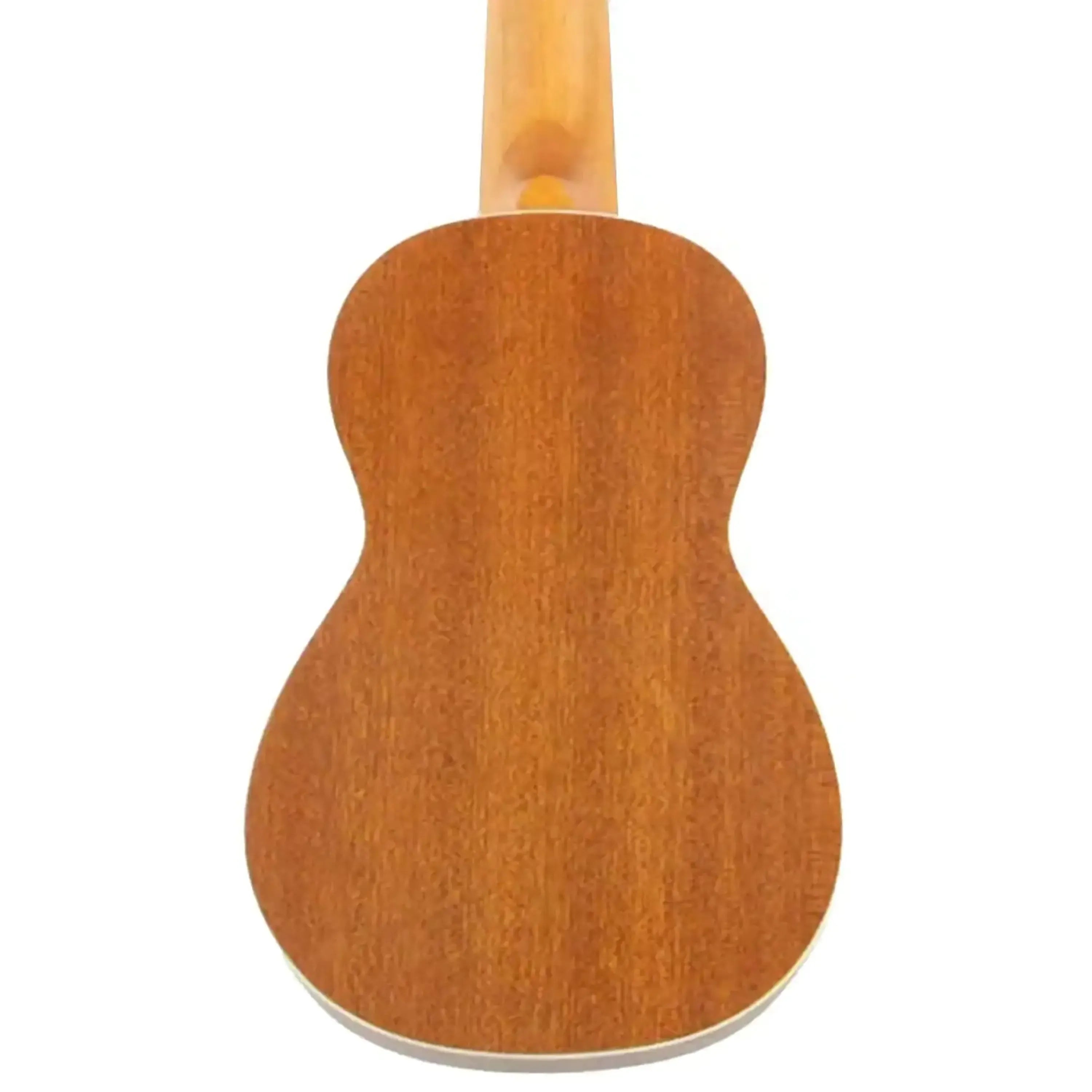 Ohana SK-22 Series Soprano Ukulele, back view, mahogany wood with satin finish and cream binding.