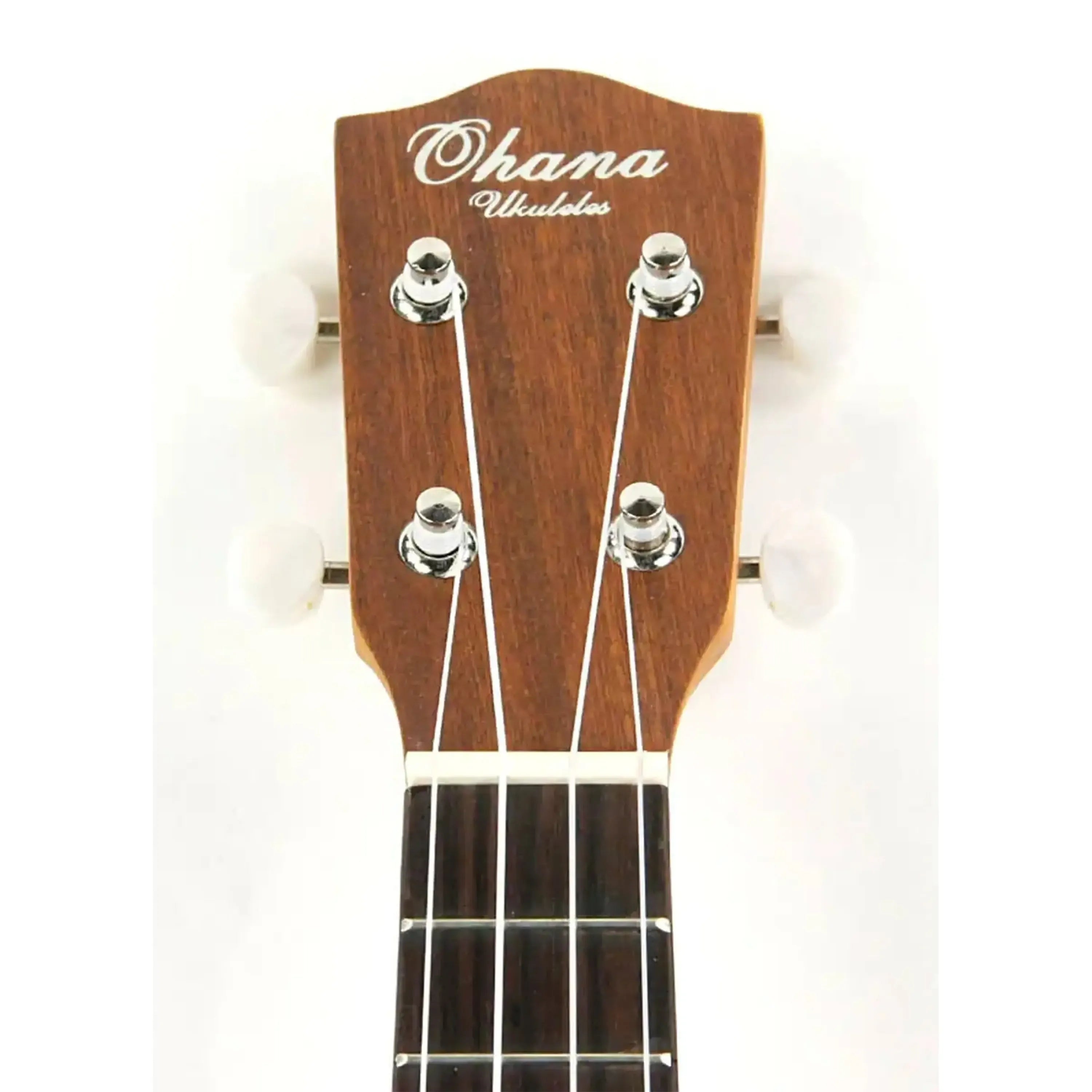 Ohana SK-22 Soprano Ukulele headstock with "Ohana Ukuleles" logo, Grover chrome tuners, and hardwood fretboard.