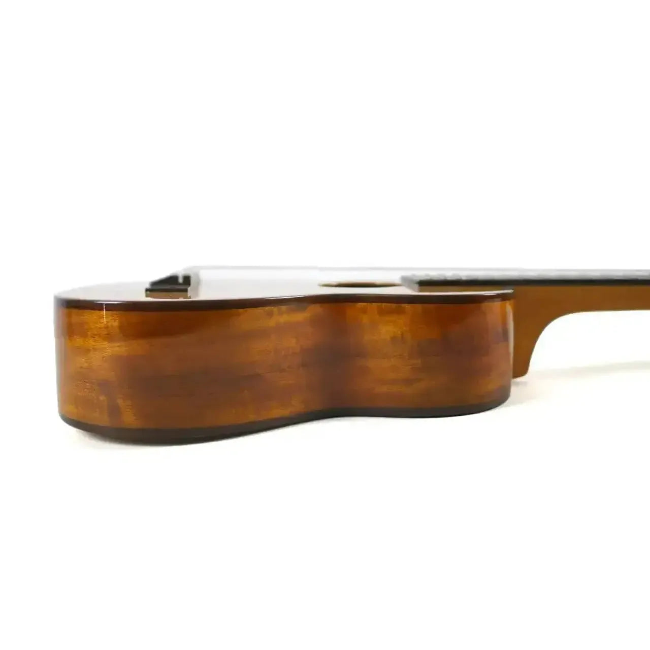 Ohana SK-250M Longneck Soprano Ukulele, side view, showing its glossy solid acacia back and sides.