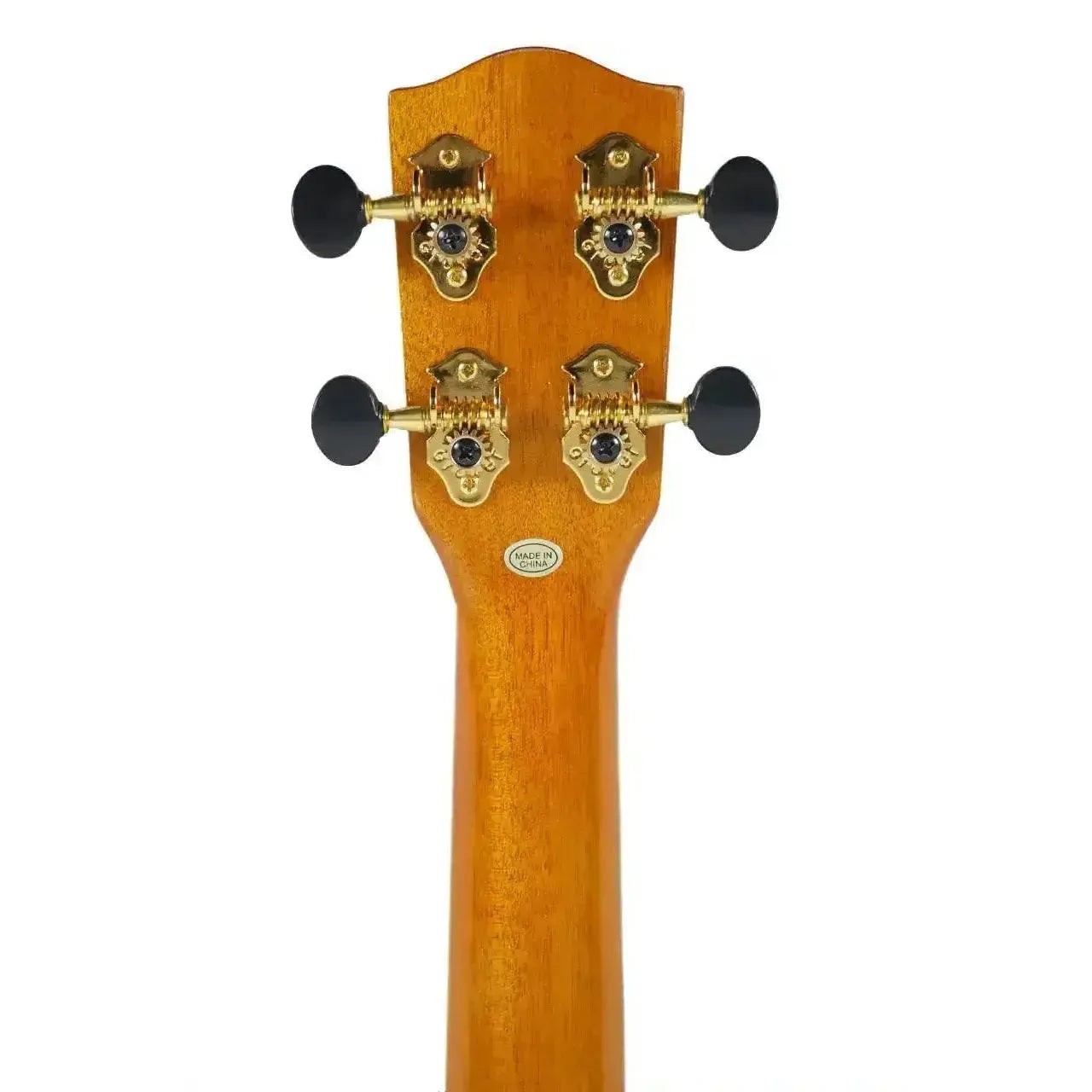 Ohana SK-250M Longneck Soprano Ukulele headstock with gold Grover tuners and black buttons.