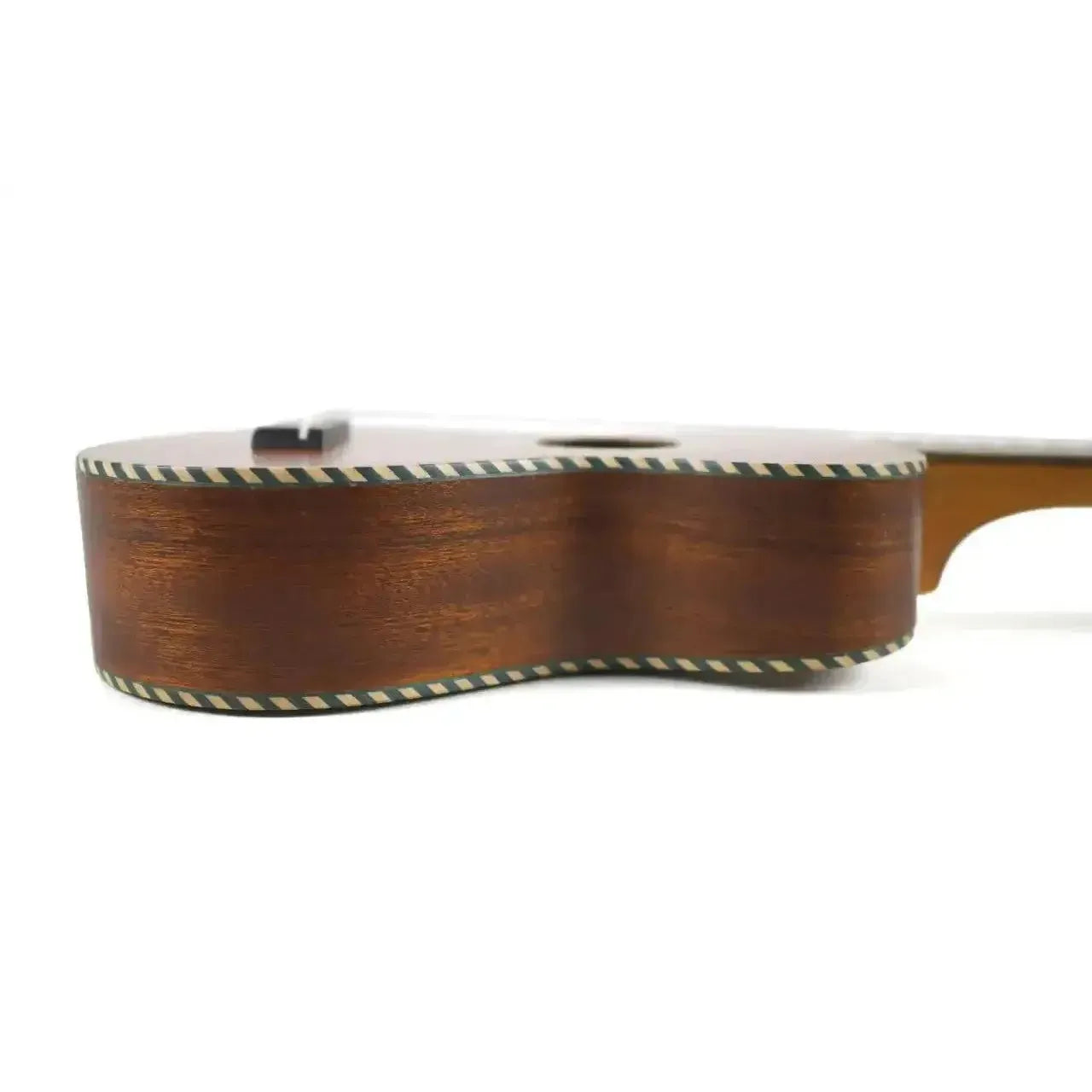 Ohana SK-28 Soprano Ukulele side view, showing solid mahogany body with vintage rope binding.
