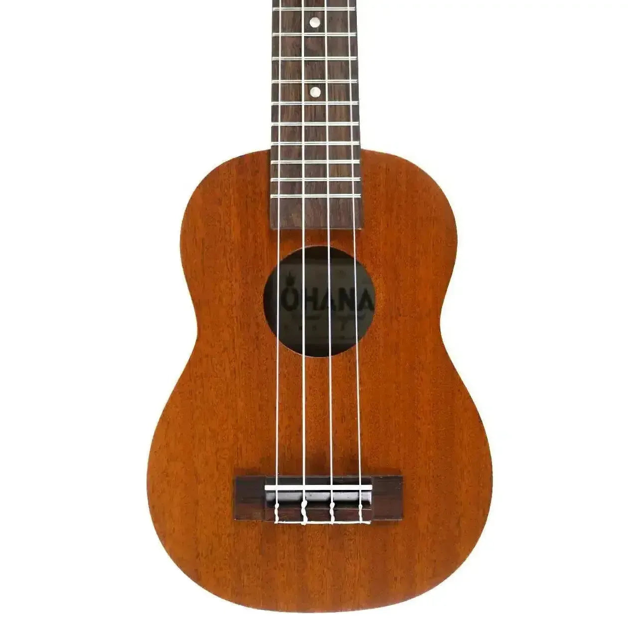 Ohana SK-30L longneck soprano ukulele, solid mahogany, satin finish, with black-white rosette.