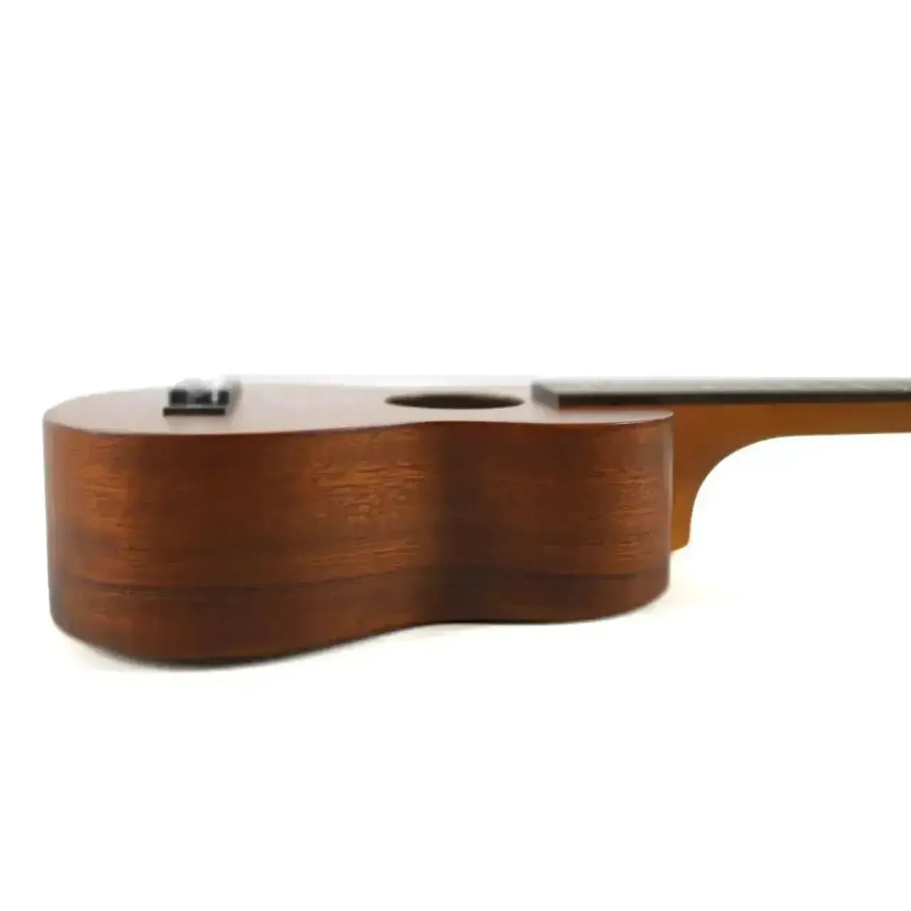 Ohana SK-30L longneck soprano ukulele body, showing its solid mahogany wood and satin finish.