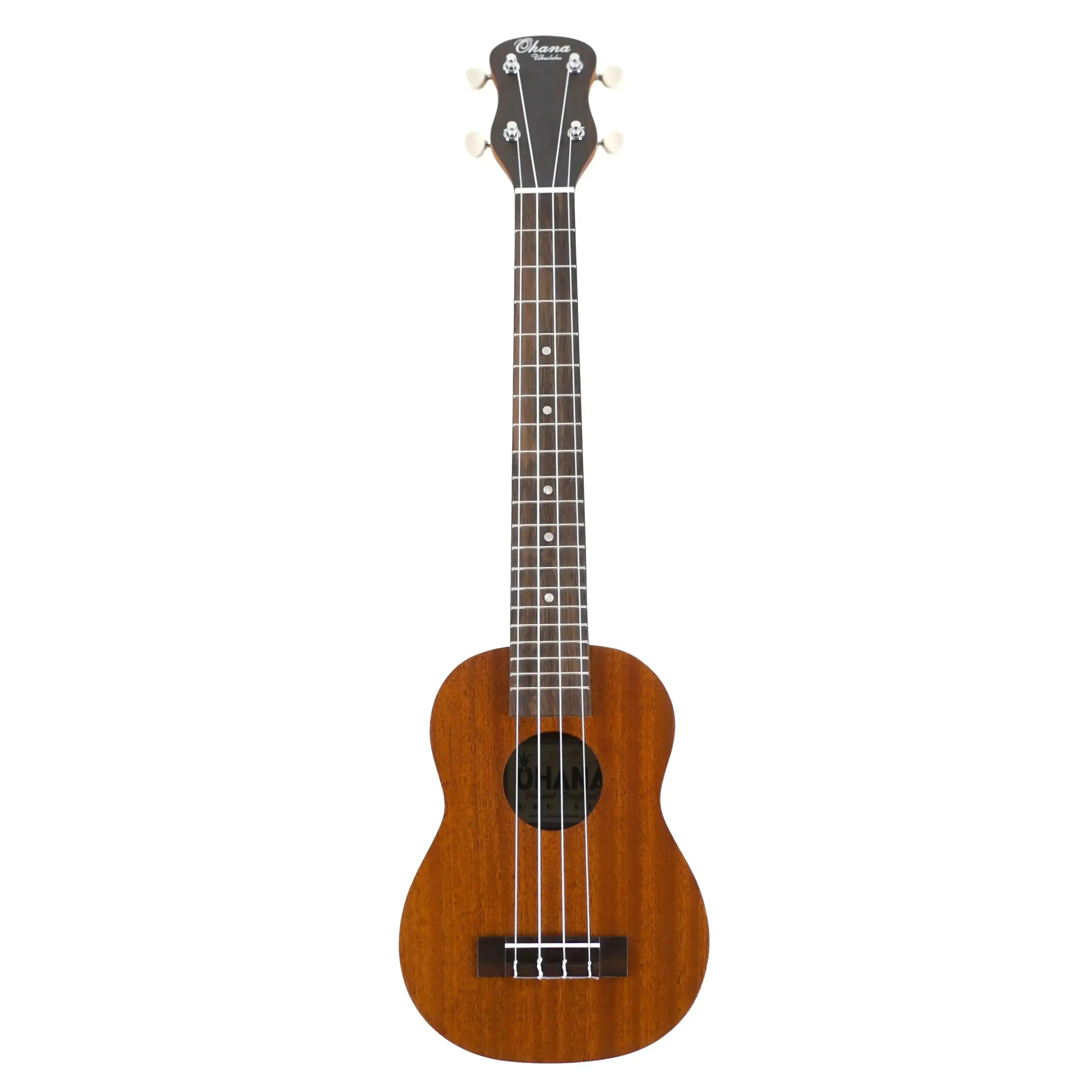 Ohana SK-30L solid mahogany longneck soprano ukulele with dark brown body, neck, and headstock.