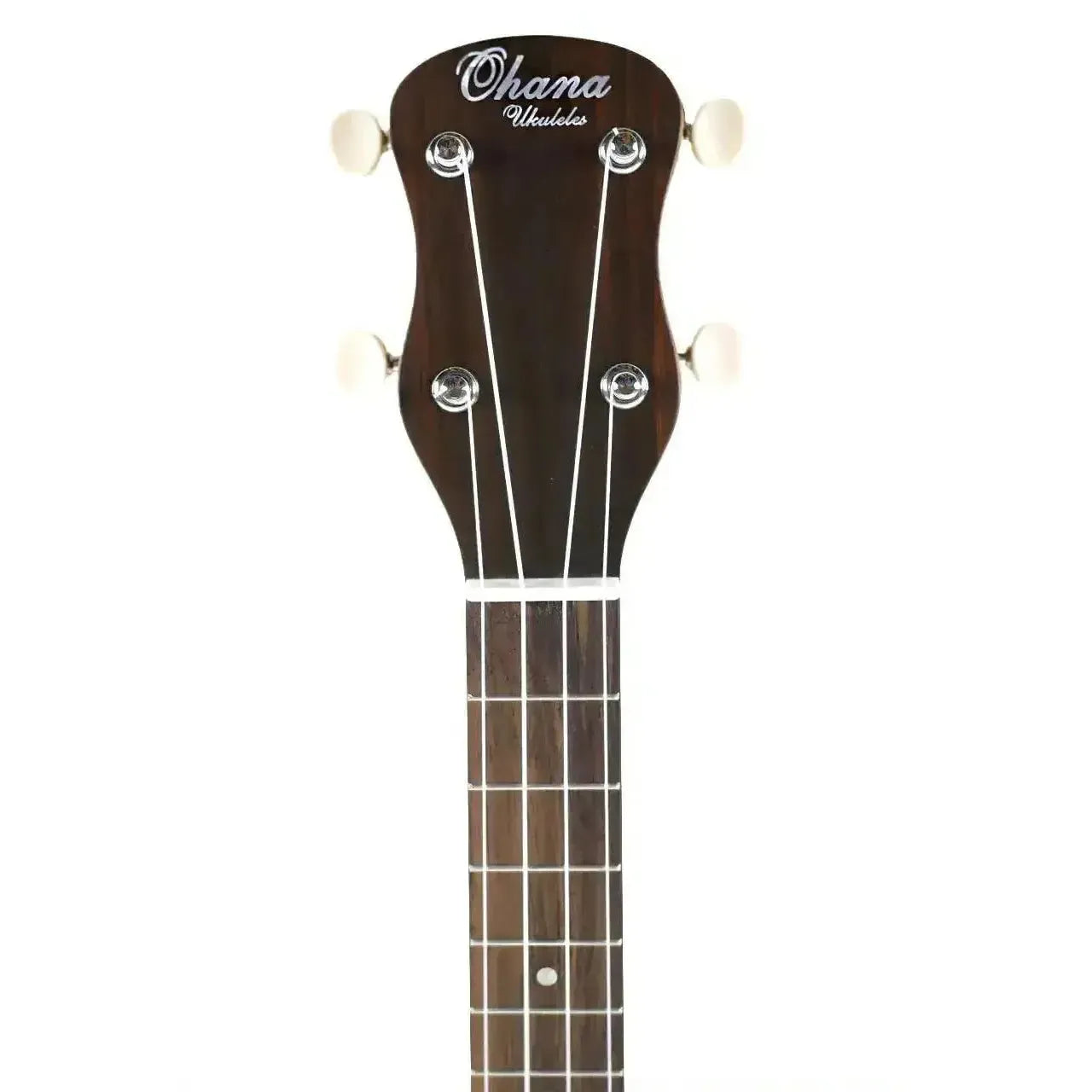 Ohana SK-30L longneck soprano ukulele headstock with dark mahogany finish, white tuners, and brand logo.